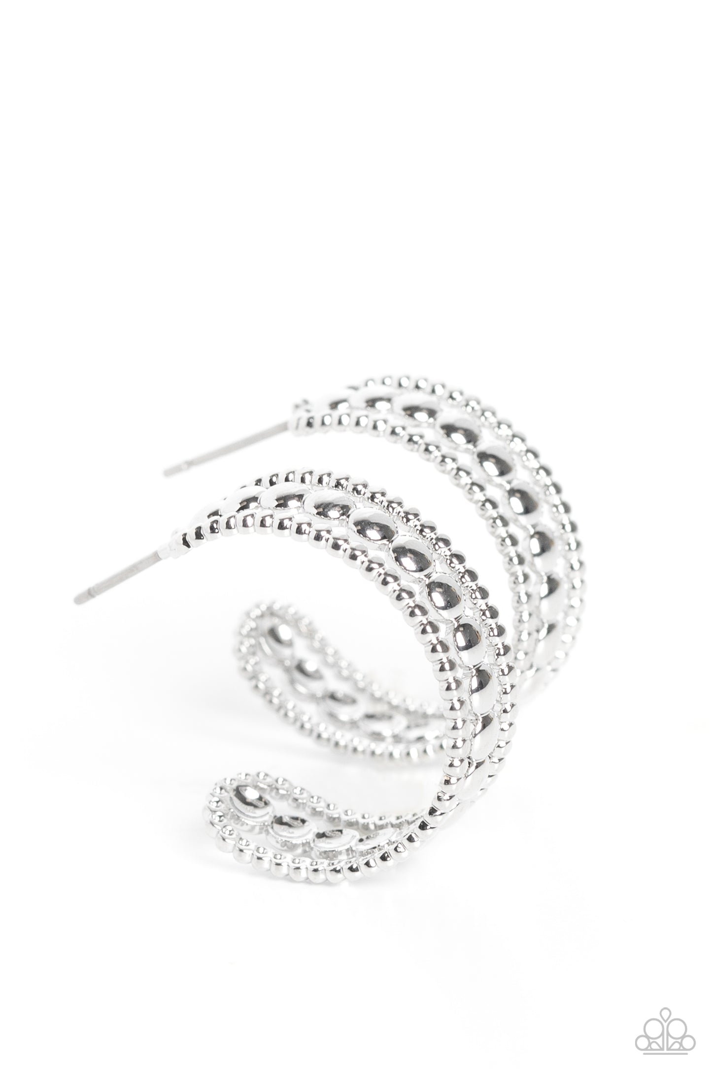 Paparazzi Accessories Dotted Darling - Silver A row of high-sheen silver studs runs down the center of an airy silver hoop for an edgy look. Layering against the centermost studs, smaller silver studs grace both sides of the hoop creating additional eye-c