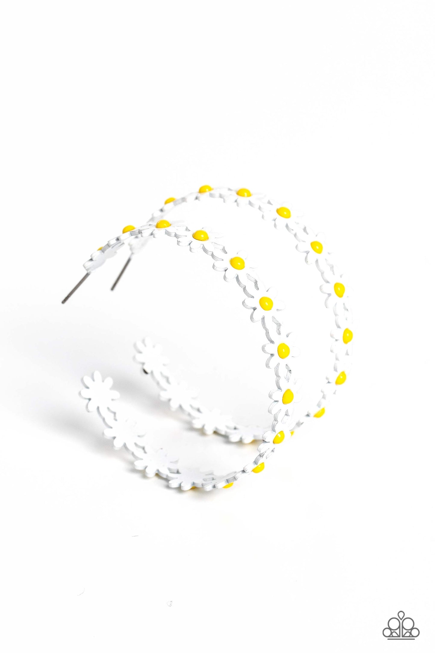Paparazzi Accessories Daisy Disposition - White A dainty collection of white daisies with yellow centers blooms into a free-spirited hoop around the ear. Earring attaches to a standard post fitting. Hoop measures approximately 2" in diameter. Sold as one