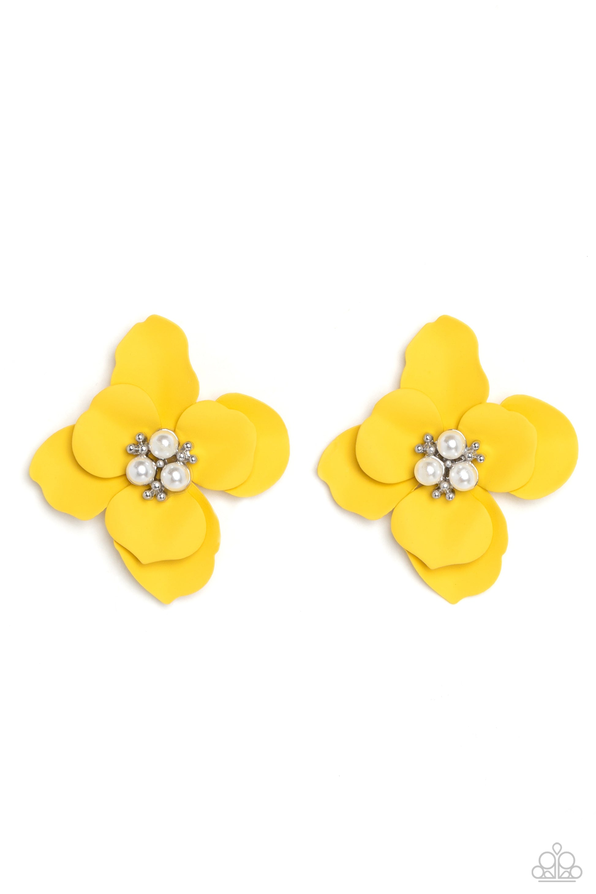 Paparazzi Accessories Jovial Jasmine - Yellow Blooming from a dainty white pearl and studded center, yellow petals flare out around the ear in a delicate, airy manner for a feminine finish. Earring attaches to a standard post fitting. Sold as one pair of