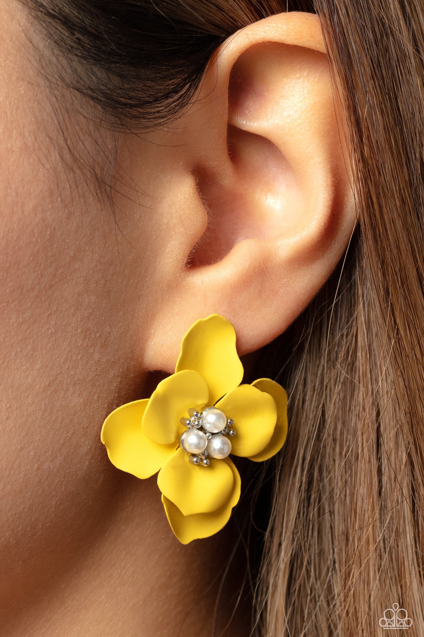 Paparazzi Accessories Jovial Jasmine - Yellow Blooming from a dainty white pearl and studded center, yellow petals flare out around the ear in a delicate, airy manner for a feminine finish. Earring attaches to a standard post fitting. Sold as one pair of