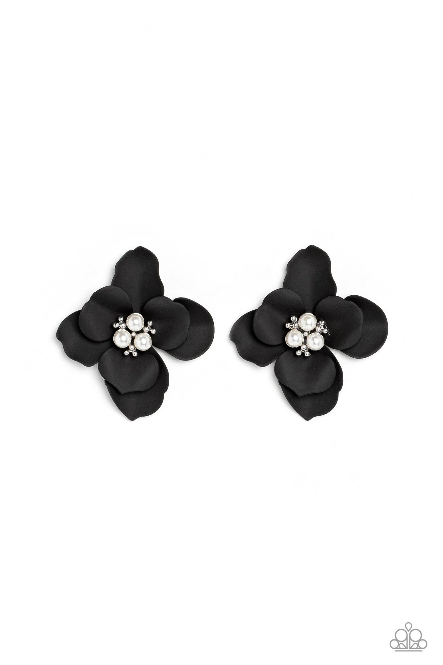 Paparazzi Accessories Jovial Jasmine - Black Blooming from a dainty white pearl and studded center, black petals flare out around the ear in a delicate, airy manner for a feminine finish. Earring attaches to a standard post fitting. Sold as one pair of po