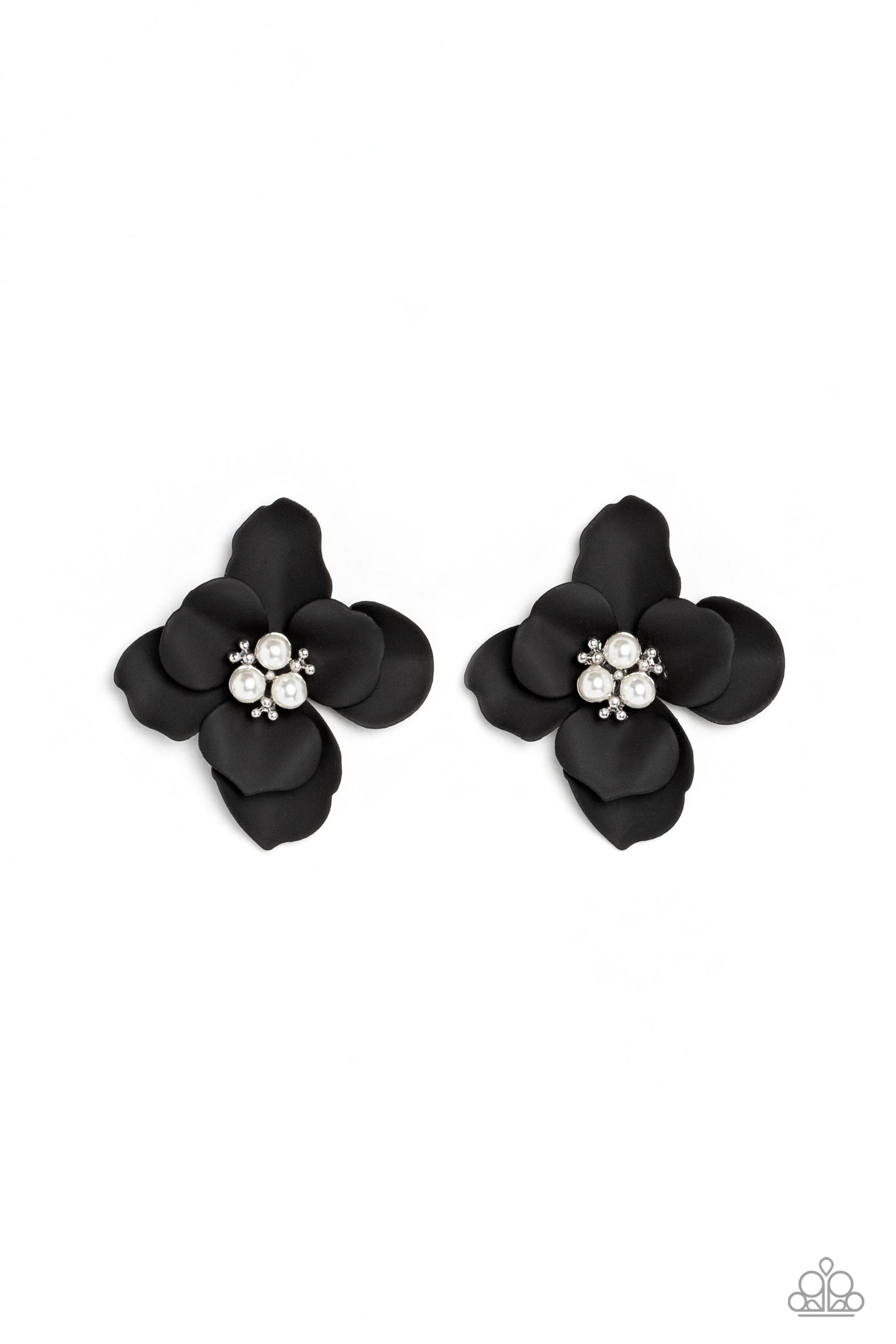 Paparazzi Accessories Jovial Jasmine - Black Blooming from a dainty white pearl and studded center, black petals flare out around the ear in a delicate, airy manner for a feminine finish. Earring attaches to a standard post fitting. Sold as one pair of po