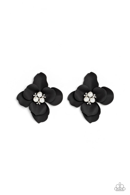 Paparazzi Accessories Jovial Jasmine - Black Blooming from a dainty white pearl and studded center, black petals flare out around the ear in a delicate, airy manner for a feminine finish. Earring attaches to a standard post fitting. Sold as one pair of po