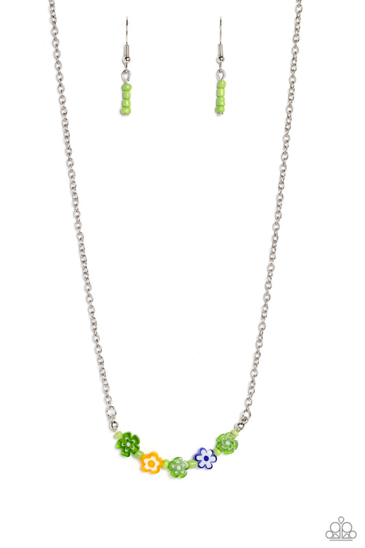 Paparazzi Accessories BOUQUET We Go - Green Infused at the bottom of a dainty silver chain, a row of flower beads in shades of green, yellow, and blue rest below the neckline. Separating each floral bead, green seed beads create additional pops of color a