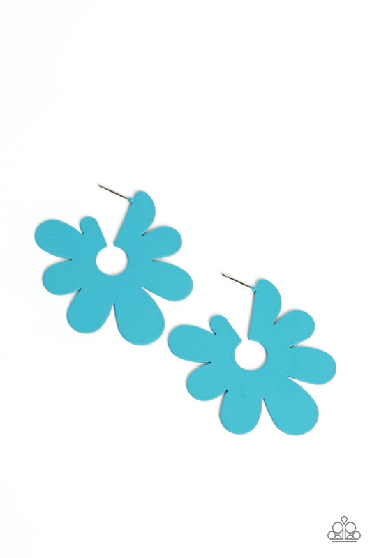 Paparazzi Accessories Flower Power Fantasy - Blue Asymmetrical, oversized blue petals bloom into an abstract flower hoop for a fashionable, attention-grabbing pop of color around the ear. Earring attaches to a standard post fitting. Hoop measures approxim