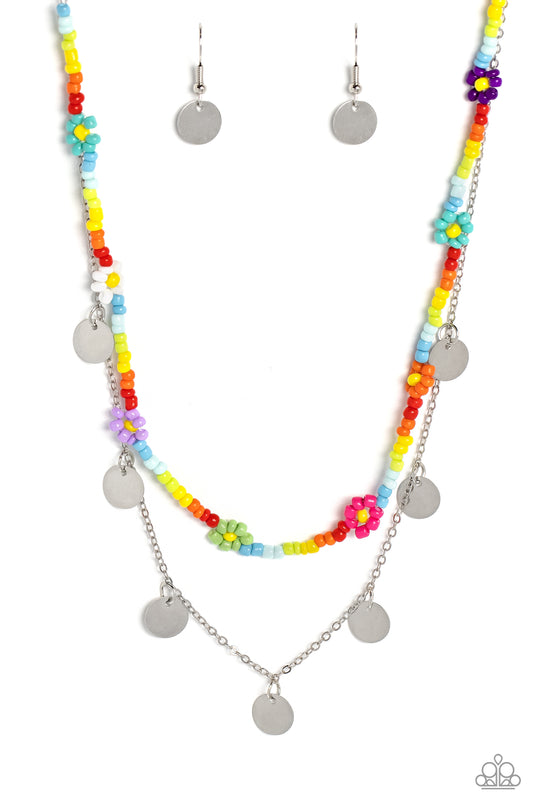 Paparazzi Accessories Rainbow Dash - Multi Multicolored seed beads are threaded along a wire, falling along the collar in a capricious pattern. Creating additional charm to the design, Pink Peacock, white, purple, blue, orange, green, purple, and baby pin
