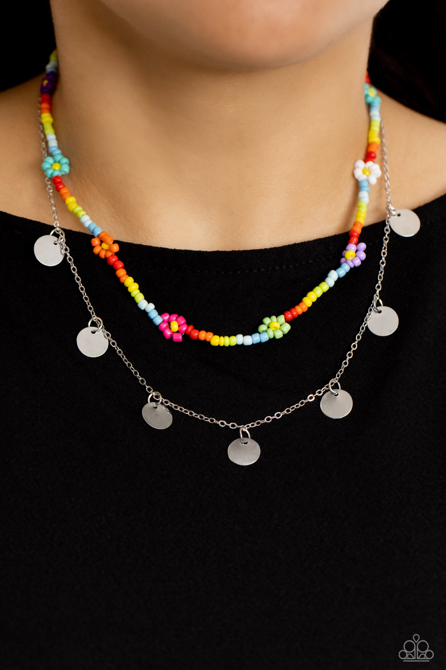 Paparazzi Accessories Rainbow Dash - Multi Multicolored seed beads are threaded along a wire, falling along the collar in a capricious pattern. Creating additional charm to the design, Pink Peacock, white, purple, blue, orange, green, purple, and baby pin