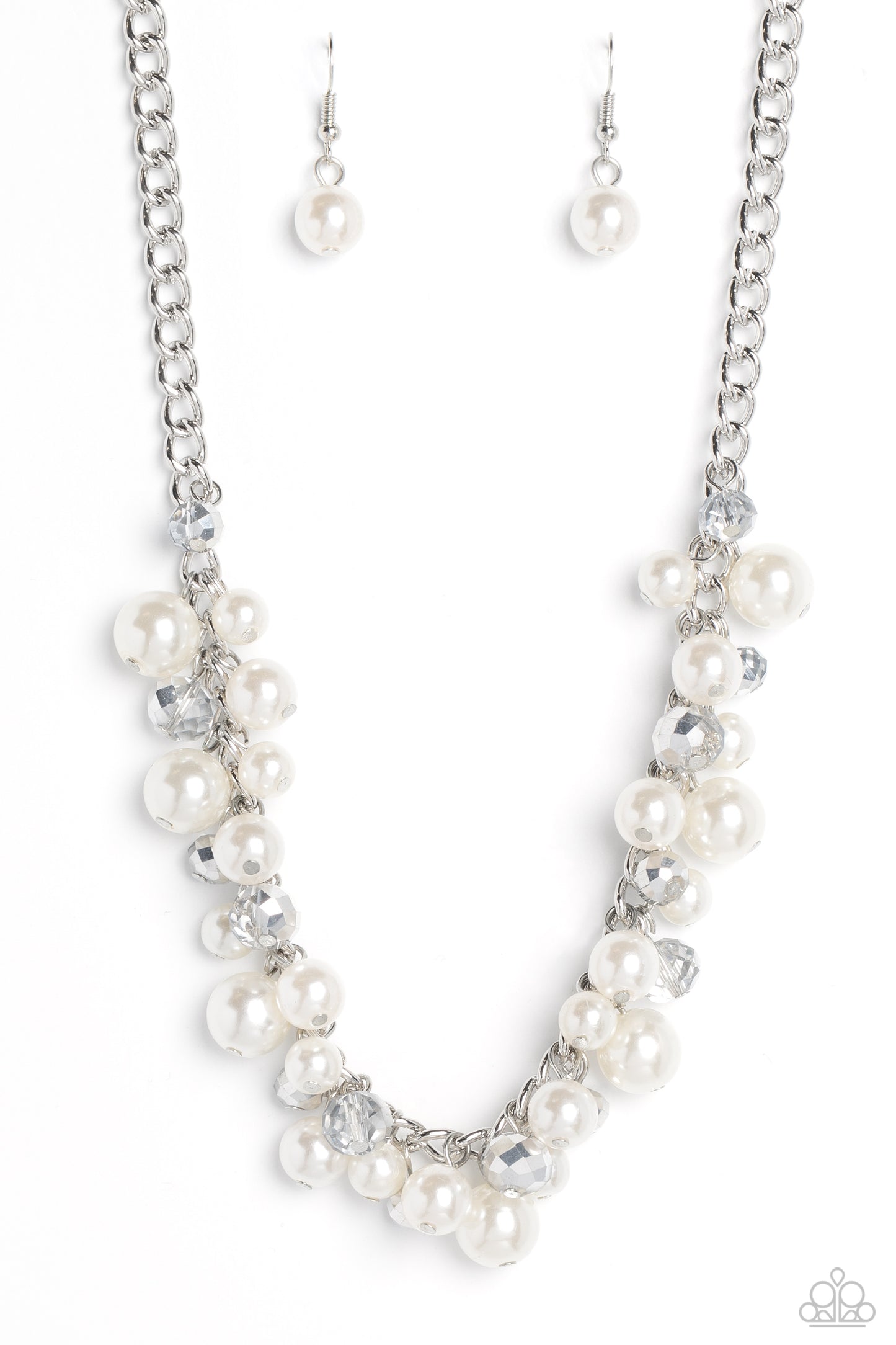 Paparazzi Accessories Glinting Goddess - Silver A faceted collection of glassy, silver crystal-like beads and classic white pearls in varying sizes flickers and flashes below the collar on a thick silver curb chain for a refined shimmer. Features an adjus