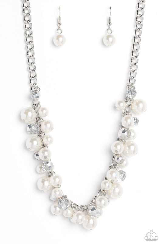 Paparazzi Accessories Glinting Goddess - Silver A faceted collection of glassy, silver crystal-like beads and classic white pearls in varying sizes flickers and flashes below the collar on a thick silver curb chain for a refined shimmer. Features an adjus