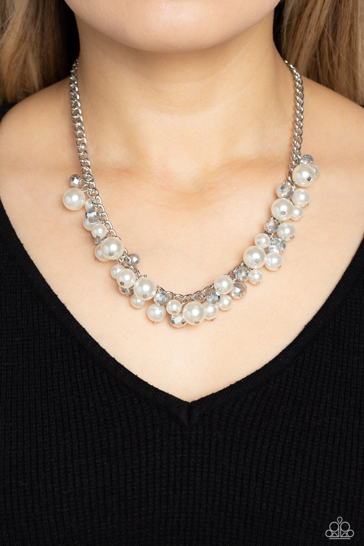 Paparazzi Accessories Glinting Goddess - Silver A faceted collection of glassy, silver crystal-like beads and classic white pearls in varying sizes flickers and flashes below the collar on a thick silver curb chain for a refined shimmer. Features an adjus