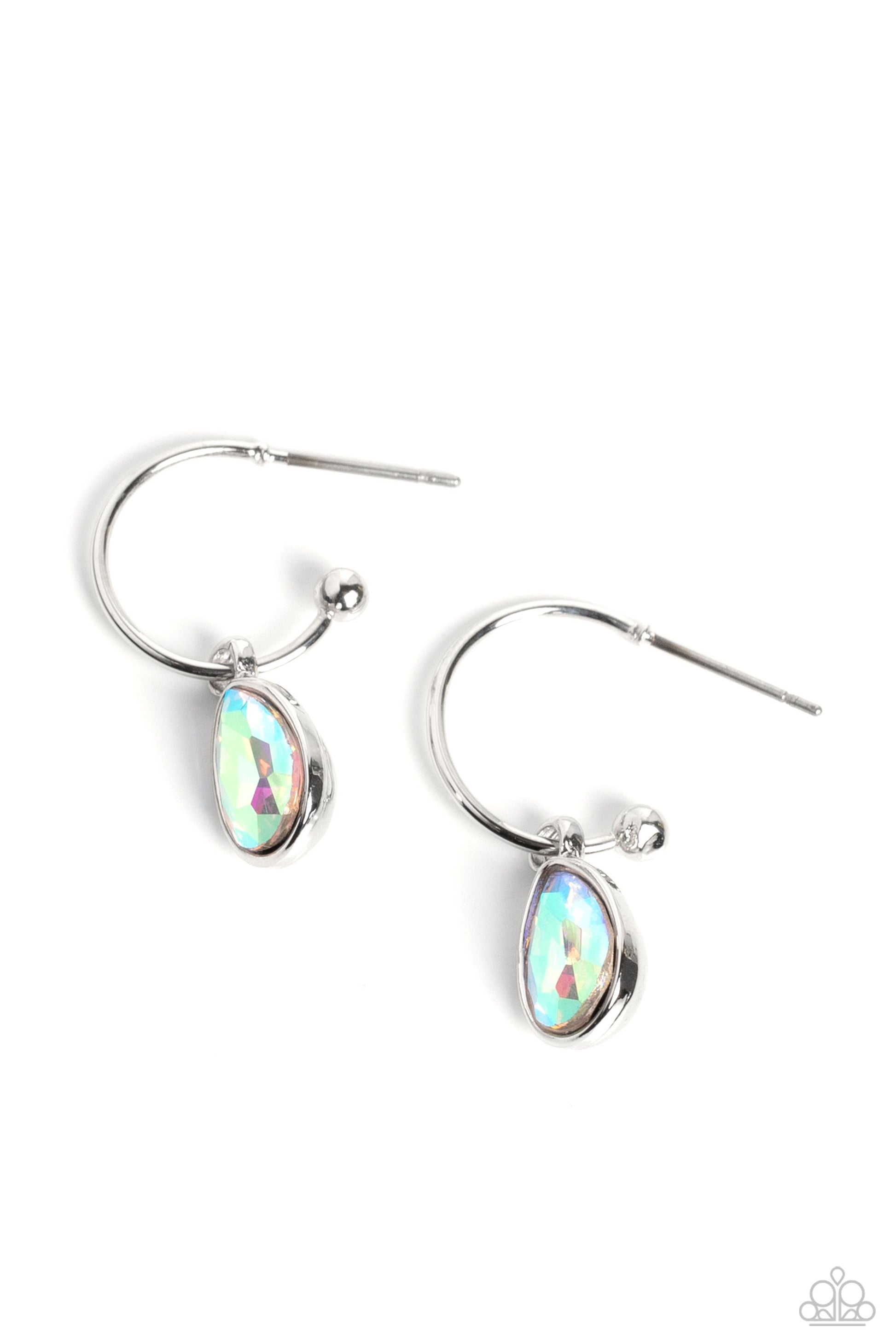 Paparazzi Accessories Teardrop Tassel - Multi A small, skinny, shiny silver hoop curves around the ear in a timeless fashion. A shiny silver ball is affixed to the end of the hoop, reminiscent of a barbell fitting. An iridescent, teardrop gem, encased in