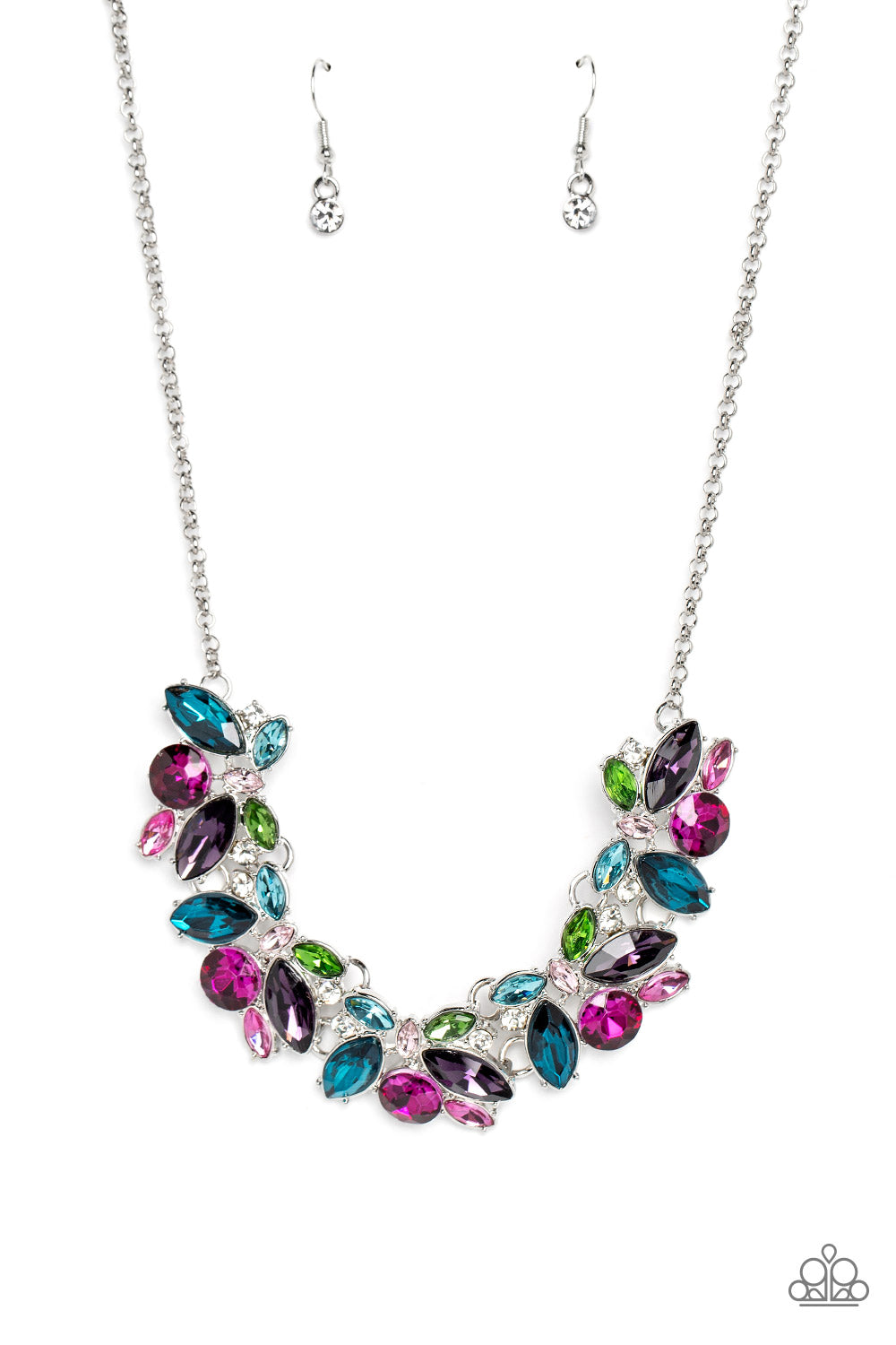 Paparazzi Accessories Crowning Collection - Multi Featuring pronged silver fittings, a sparkly series of marquise-cut rhinestones in varying sizes and opacities are splashed in hues of purple, blue, light blue, baby pink, pink, and green as they fan out b