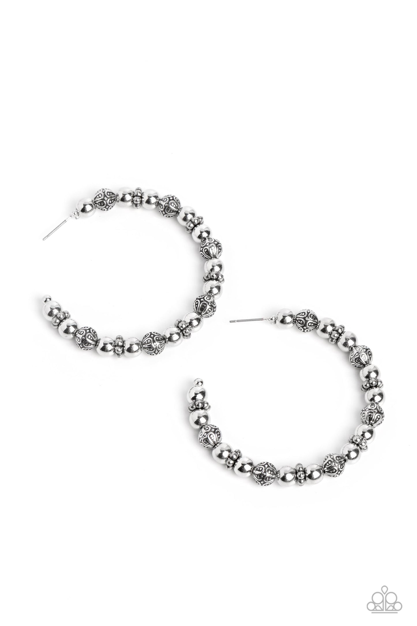Paparazzi Accessories Rebuilt Ruins - Silver A collection of antiqued and decorative silver beads, silver wheel beads, and high-sheen silver beads are threaded along a thin curve around the ear for a trendy monochromatic look. Earring attaches to a standa