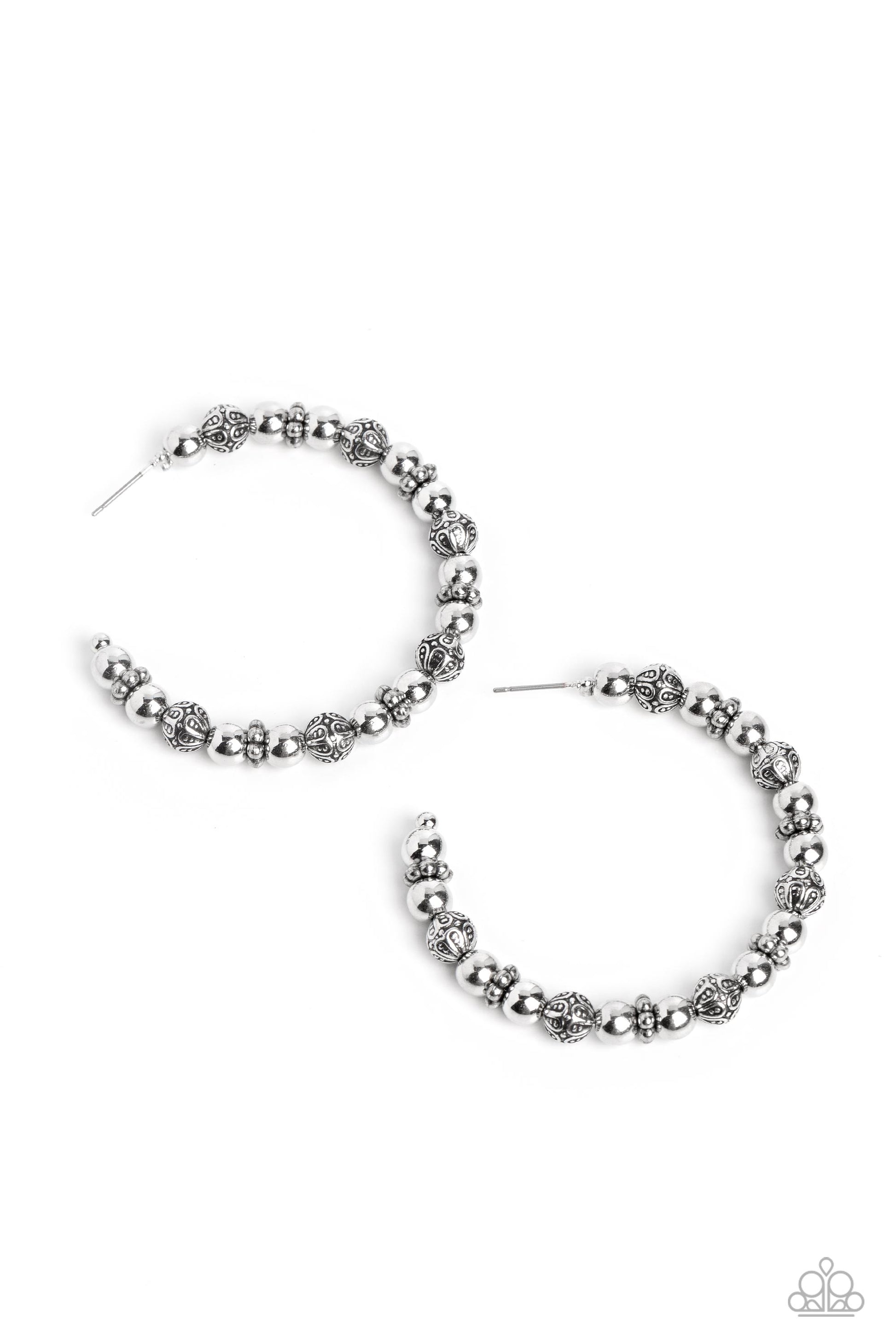 Paparazzi Accessories Rebuilt Ruins - Silver A collection of antiqued and decorative silver beads, silver wheel beads, and high-sheen silver beads are threaded along a thin curve around the ear for a trendy monochromatic look. Earring attaches to a standa