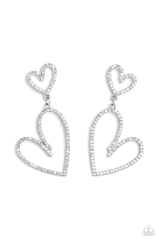 Paparazzi Accessories Doting Duo - White An oversized, rhinestone-encrusted shiny silver heart silhouette hangs from a smaller heart silhouette set in the same blinding shimmer for a romantic, eye-catching sparkle. Earring attaches to a standard post fitt