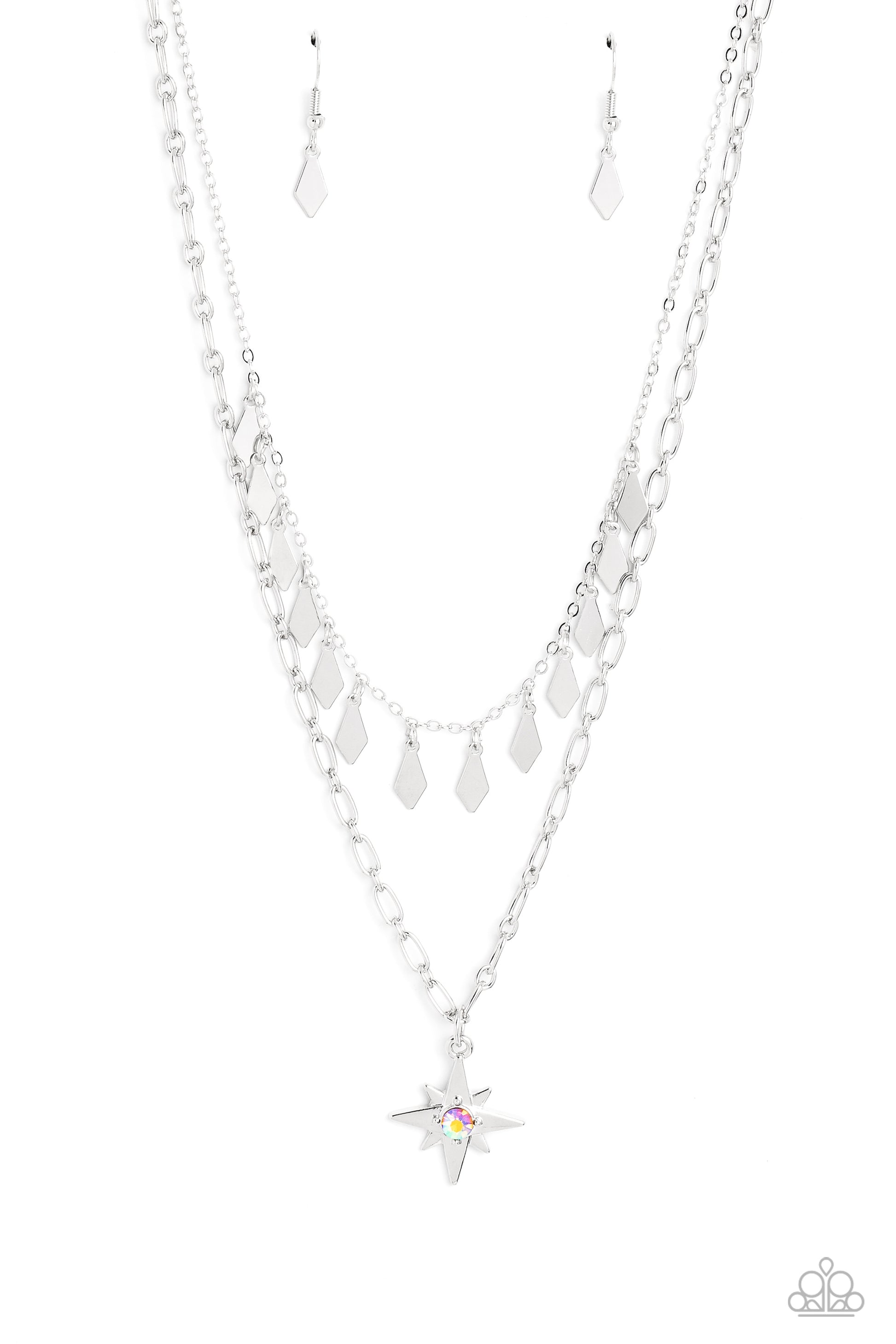 Paparazzi Accessories The Second Star To The LIGHT - Orange A three-dimensional silver star, dotted with a single orange-iridescent rhinestone glides on a paperclip chain down the neckline for an out of-this-world vibe. Flat and flared silver frames dance