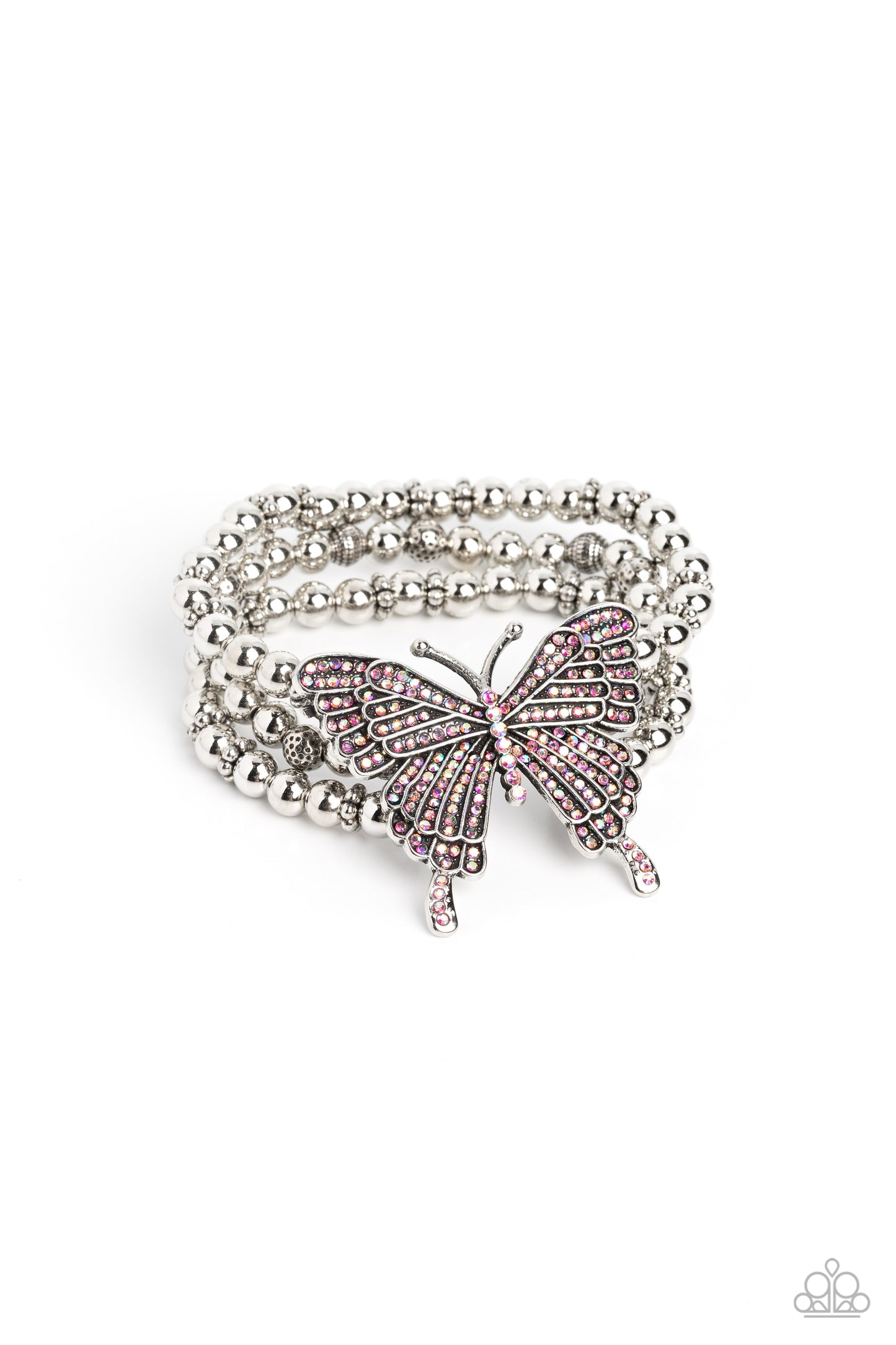 Paparazzi Accessories First WINGS First - Pink Strung along elastic stretchy bands, a trio of silver and textured silver beads and accents wrap around the wrist. Featured atop the beaded collection, an oversized silver butterfly, with intricate details, i