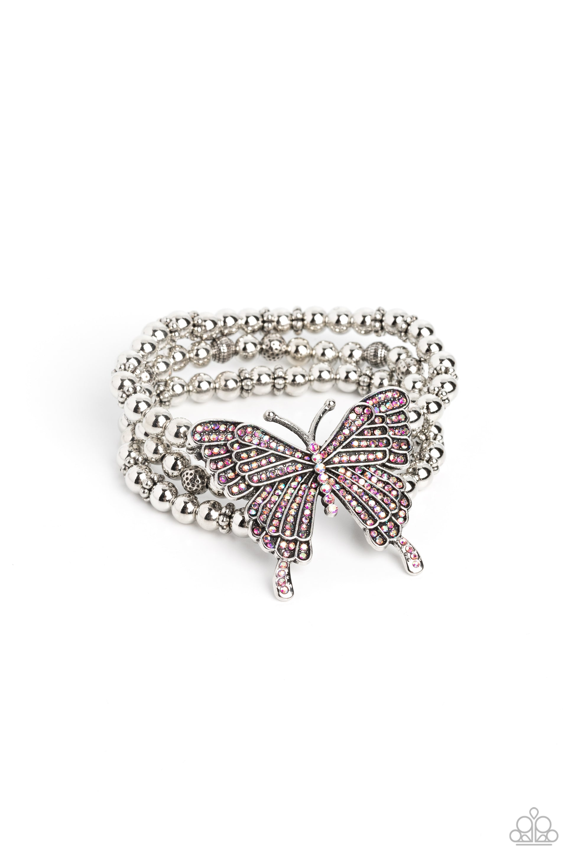 Paparazzi Accessories First WINGS First - Pink Strung along elastic stretchy bands, a trio of silver and textured silver beads and accents wrap around the wrist. Featured atop the beaded collection, an oversized silver butterfly, with intricate details, i