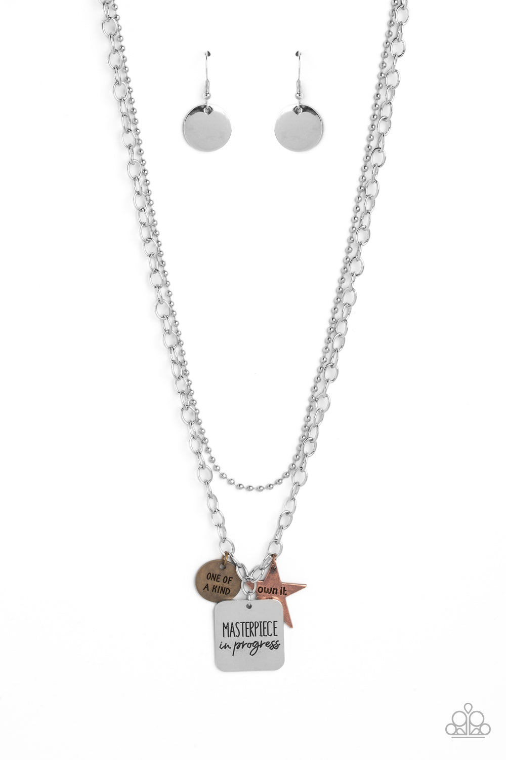 Paparazzi Accessories Masterpiece in Progress - Multi Featuring three inspirational pendants, a copper star, brass circle, and silver square fall along a silver chain. The star features the phrase "own it," the circle features the phrase "one of a kind,"
