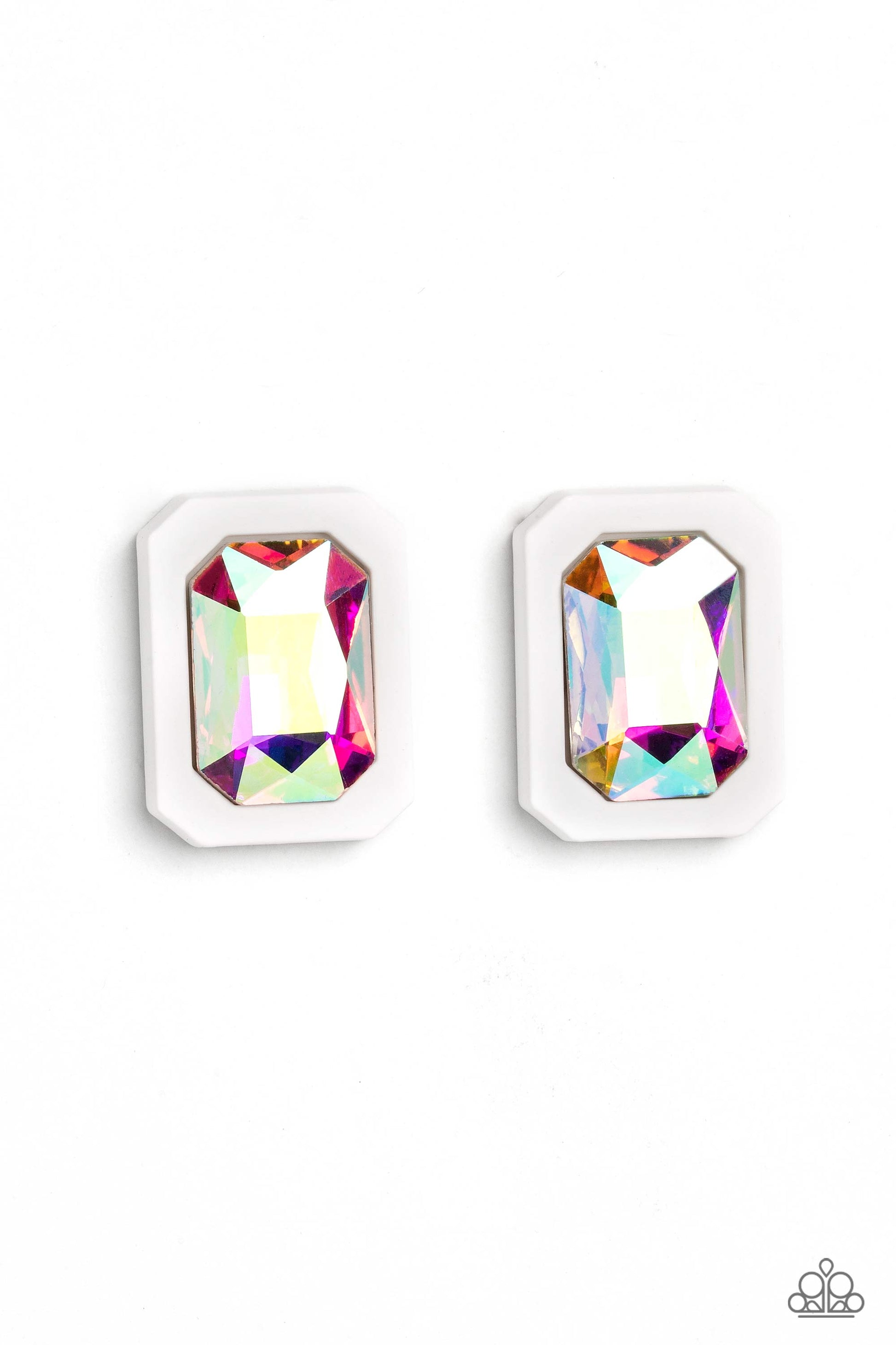 Paparazzi Accessories Edgy Emeralds - Multi 2 Standing out against a white rubber backdrop, an oversized, faceted emerald-cut iridescent gem shimmers and shines for an edgy sparkle against the ear. Earring attaches to a standard post fitting. Due to its p