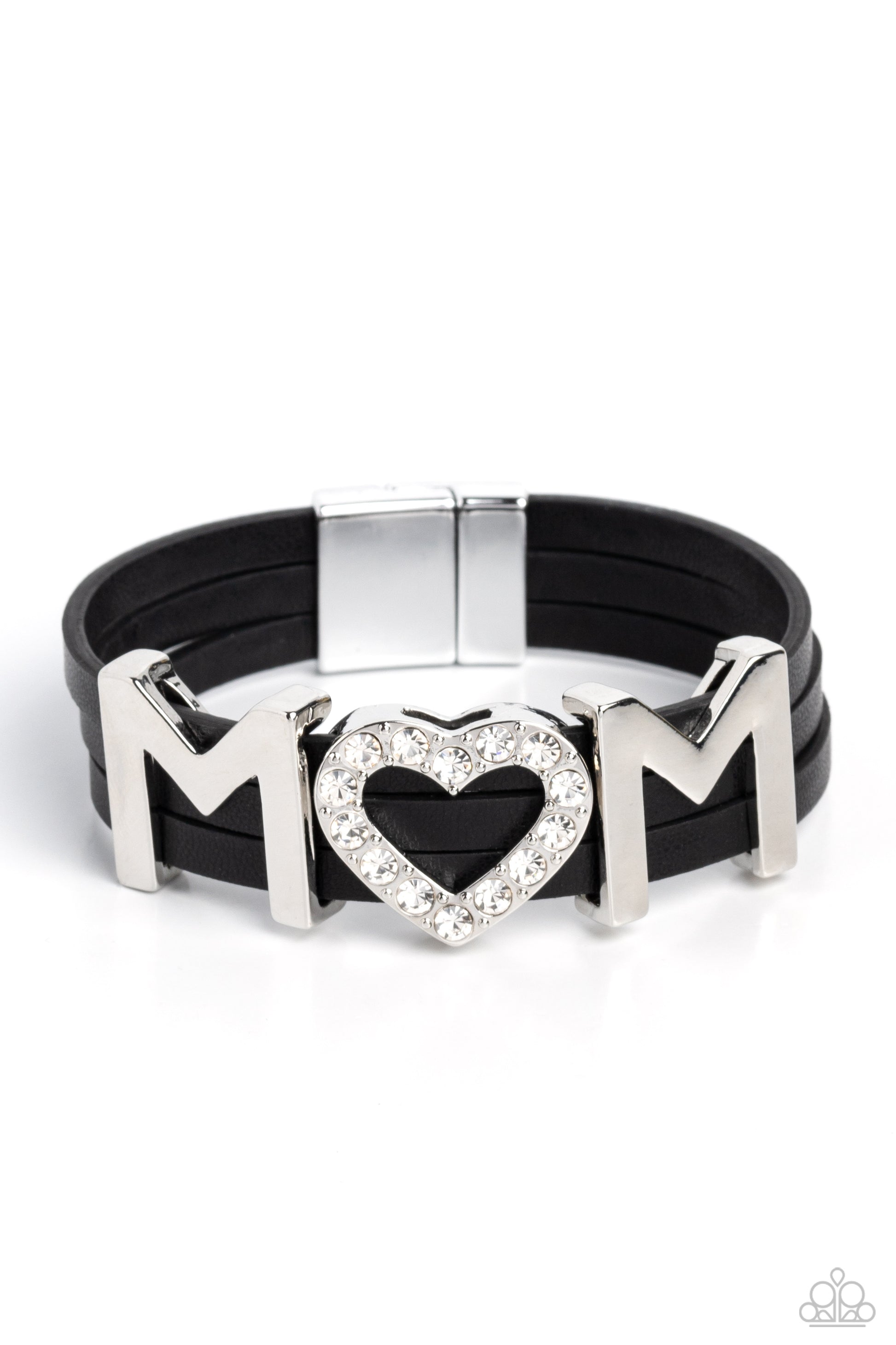Paparazzi Accessories Heart of Mom - Black A row of glassy white rhinestones are encased into a sparkly heart frame that is threaded along layers of black leather strands around the wrist. Framing both sides of the heart frame, two high-sheen silver lette