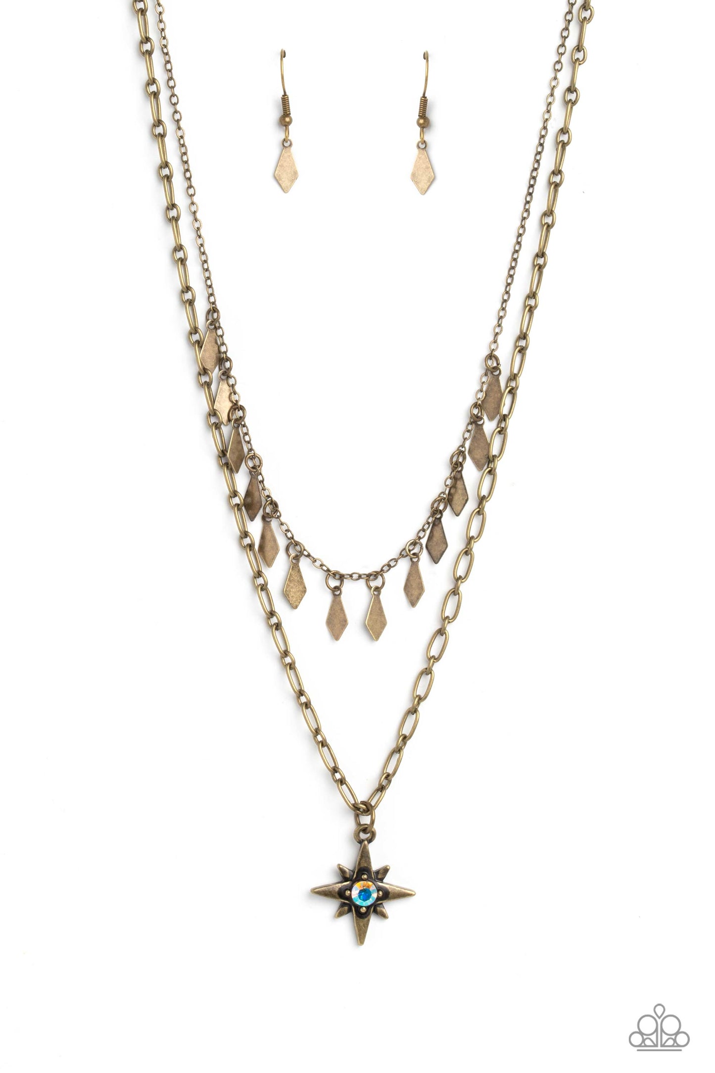 Paparazzi Accessories The Second Star To The LIGHT - Brass A three-dimensional brass star, dotted with a single iridescent rhinestone glides on a paperclip chain down the neckline for an out of-this-world-vibe. Flat and flared brass frames dance above the
