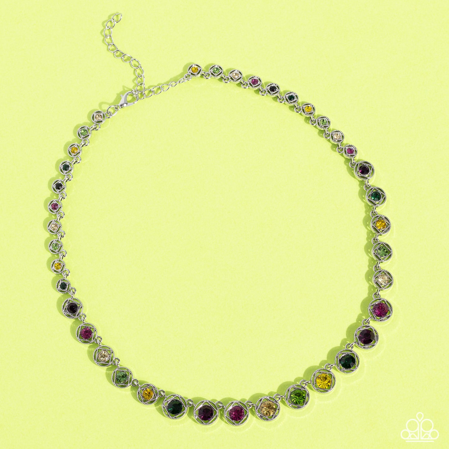 Paparazzi Accessories Kaleidoscope Charm - Multi Spanning around the entirety of the neckline, a refined collection of colorful rhinestones are pressed into airy, studded, silver square frames, tilted on their sides for a three-dimensional shimmer. The fr
