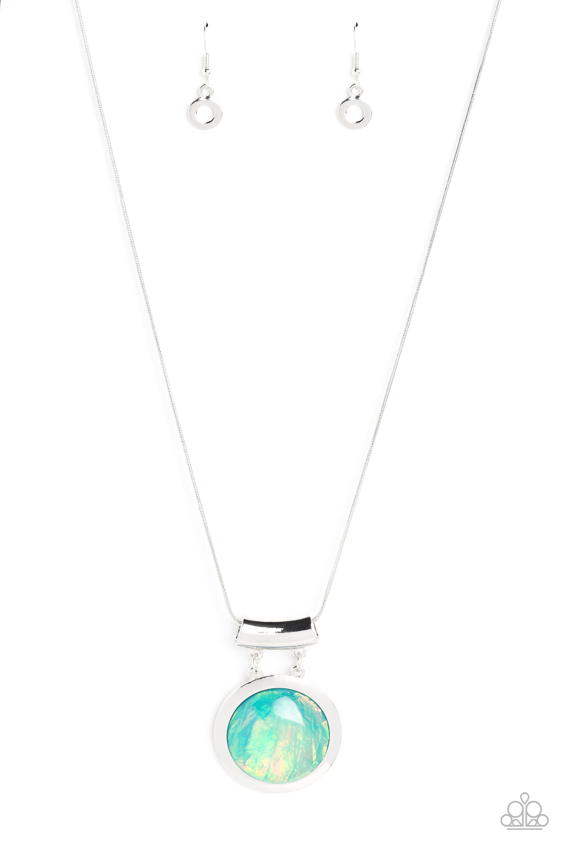 Paparazzi Accessories Starlight Starbright - Blue Featuring a refracted shimmer and an opalescent finish, an oversized, glassy blue gem falls along the chest on a silver snake chain to create a hypnotic pop of color. The exaggerated sparkle is pressed int