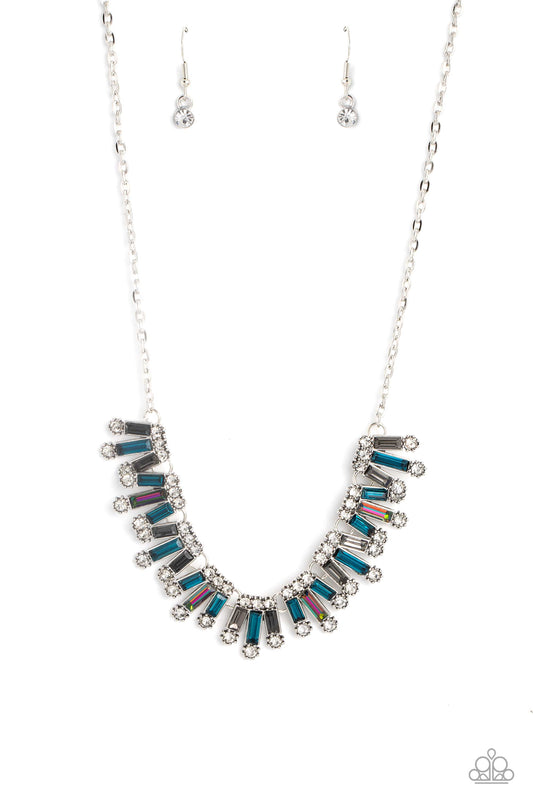 Paparazzi Accessories Sunburst Season - Multi Set in clusters around the neckline, a collection of shiny multicolored bars with a reflective finish glimmer. Dainty white gems, pressed into silver sun-studded frames, border the tops and bottoms of the colo