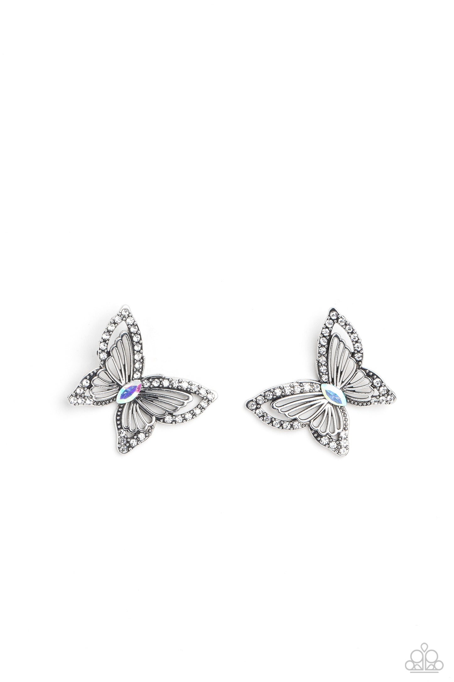 Paparazzi Accessories Wispy Wings - Multi The outer wings of a white gem-studded butterfly feature inner lacy, airy silver wings that bloom from a marquise-cut iridescent gem center, coalescing into a whimsical 3D butterfly design. Earring attaches to a s