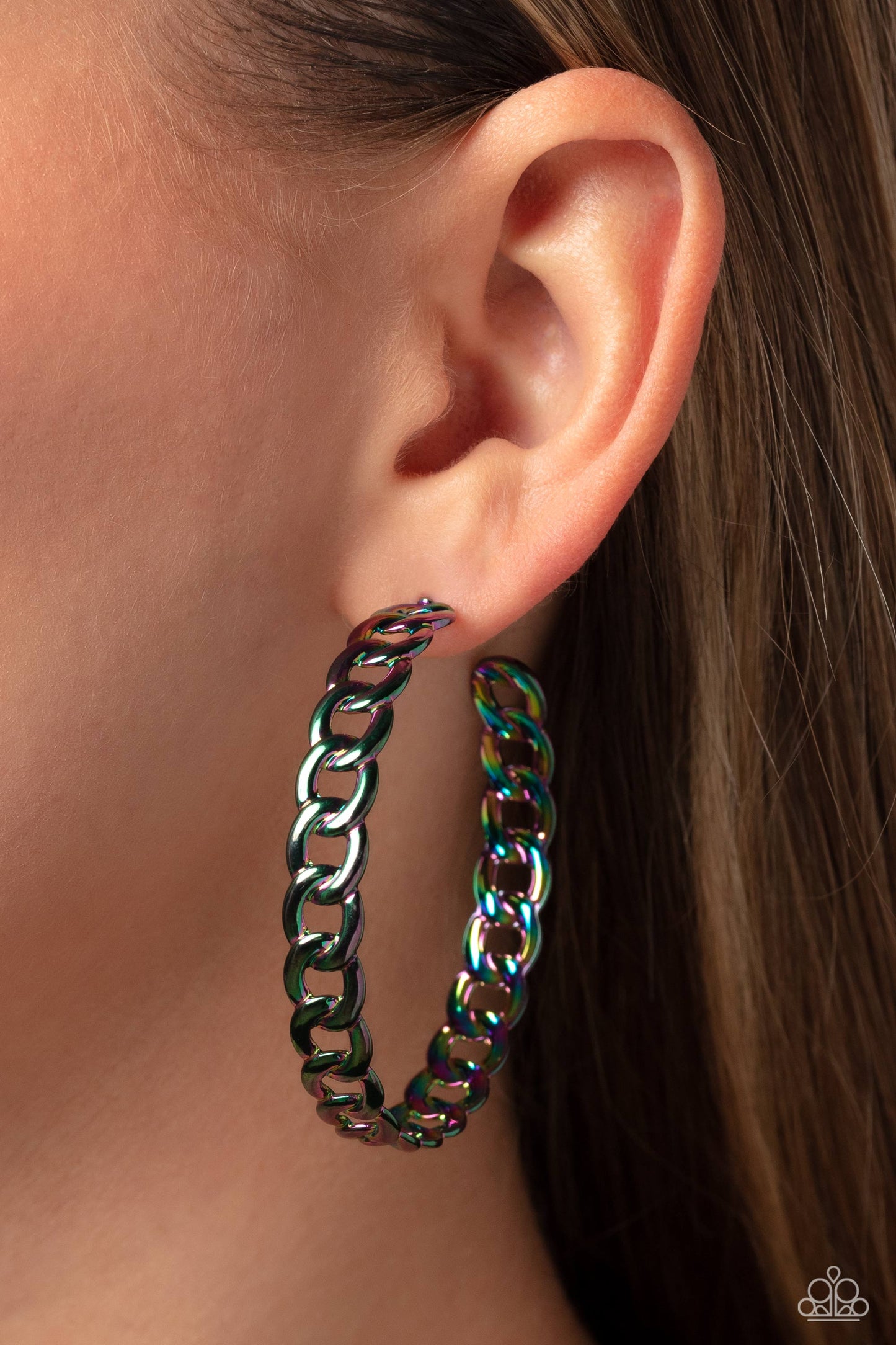 Paparazzi Accessories Galactic Glissando - Multi Featuring an oil spill shade, a curb chain delicately curves into a stellar hoop at the ear for a geometric finish. Earring attaches to a standard post fitting. Hoop measures approximately 2" in diameter. D