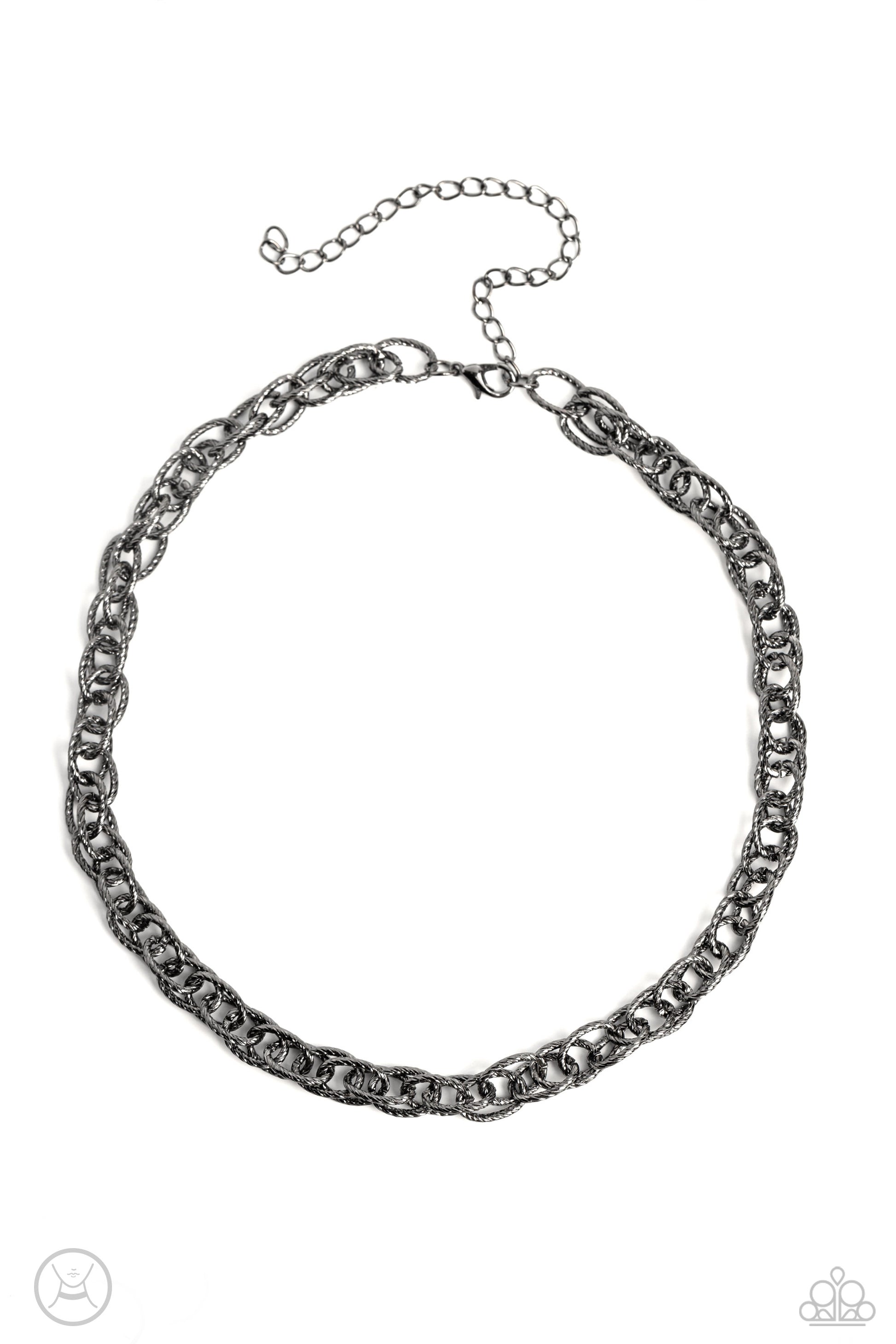 Paparazzi Accessories If I Only Had a CHAIN - Black A strand of textured double gunmetal links drapes down the neckline in a stunning industrial display. The textured links catch and reflect the light at every angle, adding breathtaking shimmer to the mon