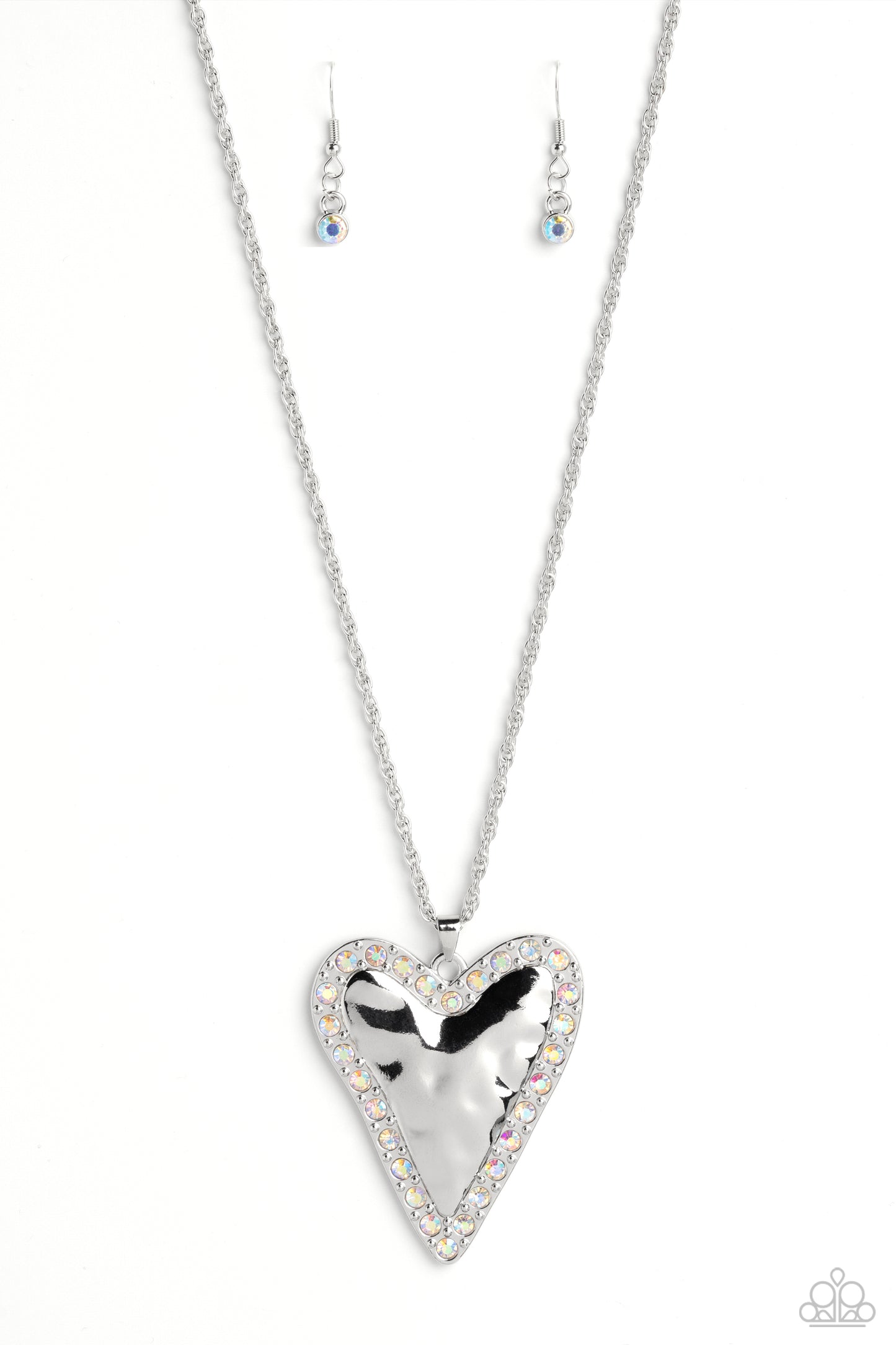 Paparazzi Accessories Radiant Romeo - Multi Hammered in antiqued texture, an oversized, abstract silver heart swings from the bottom of a silver chain for a whimsical look. Silver studs and glittery iridescent gems border the hammered texture for a touch
