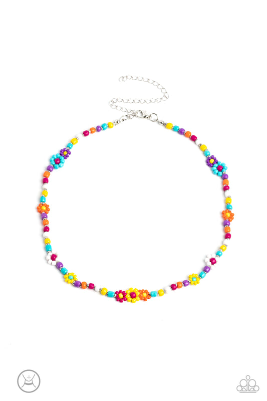 Paparazzi Accessories Flower Child Flair - Multi 2 Multicolored seed beads and silver accents are threaded along a wire, falling along the collar in a capricious pattern. Creating additional charm to the design, colorful seed bead flowers in varying sizes
