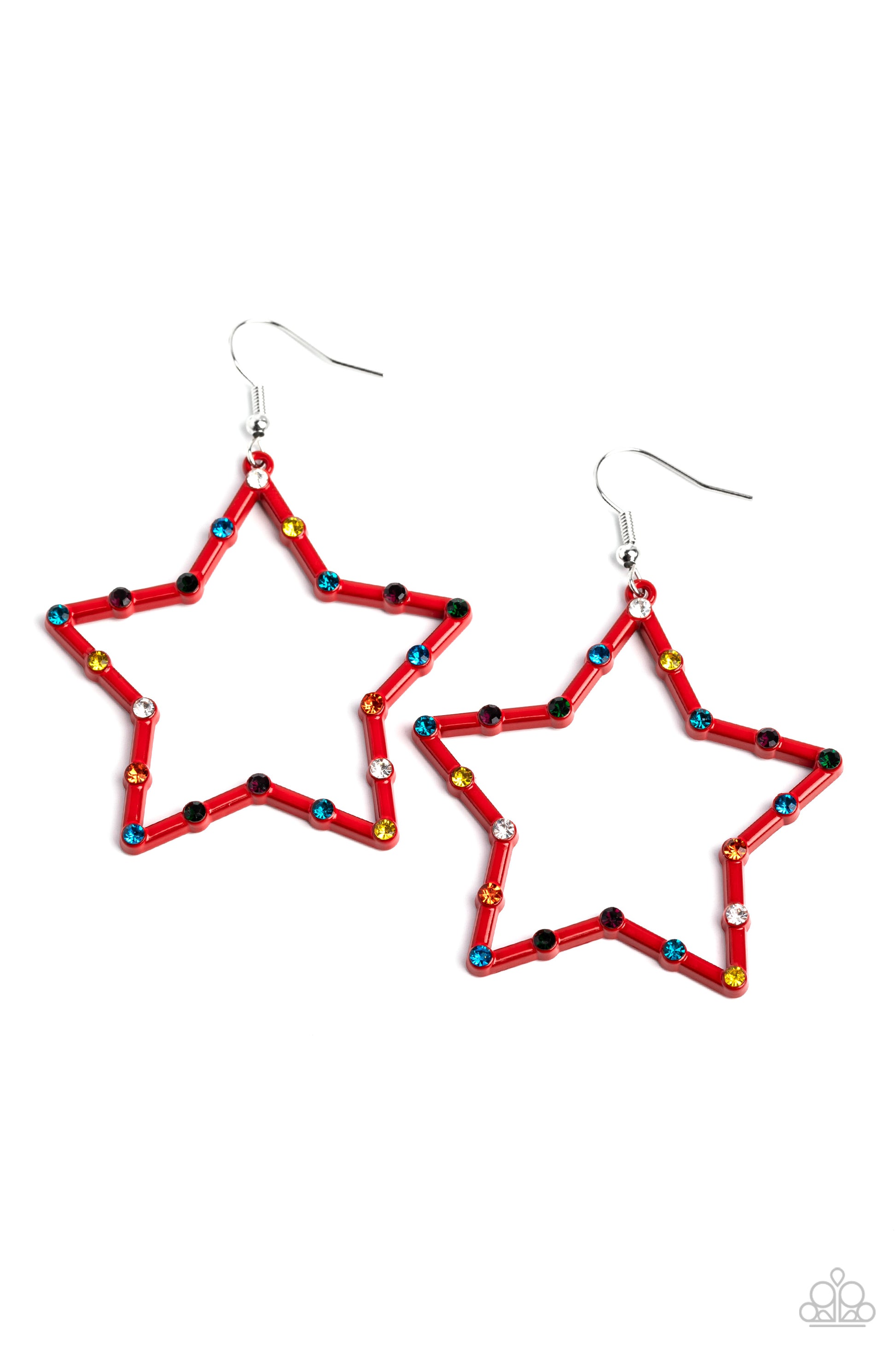 Paparazzi Accessories Confetti Craze - Red Red star frames, dotted with dainty colorful rhinestones, reflects light off its colored surface for a fashion-forward statement. Earring attaches to a standard fishhook fitting. Sold as one pair of earrings. Jew