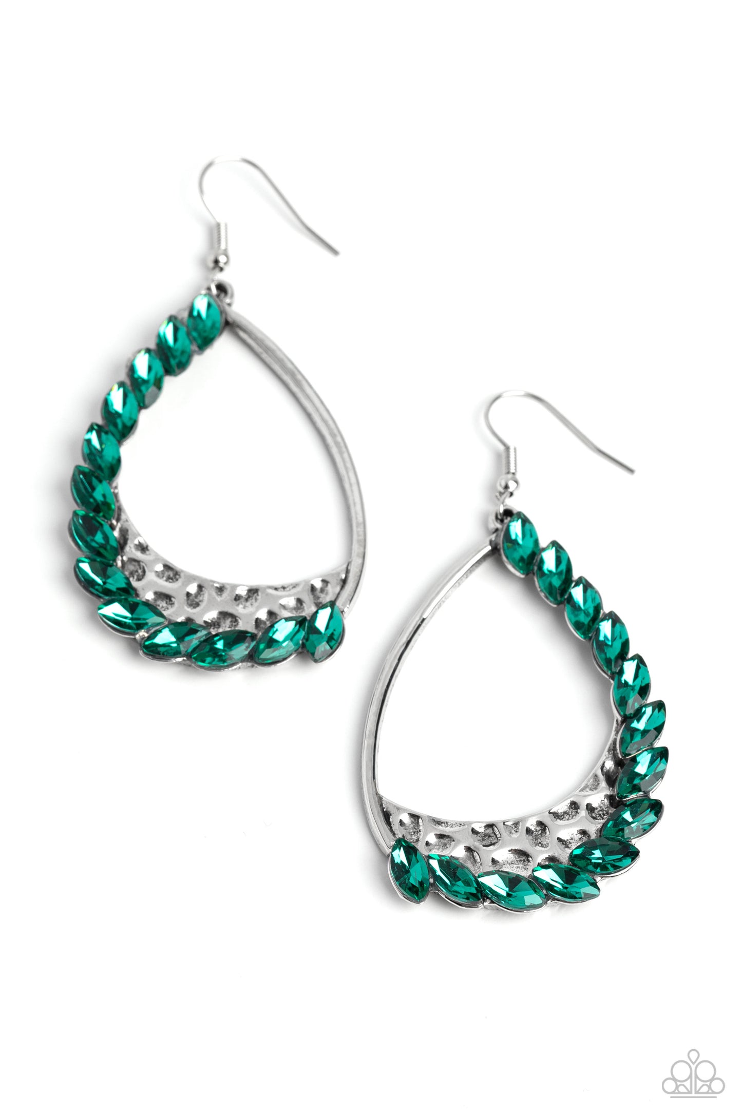 Paparazzi Accessories Looking Sharp - Green A sharp collection of reflective green marquise-cut gems embellish and curve up one side of a gritty teardrop frame, creating an edgy embellishment. Creating additional grit to the design, a thick inlay of hamme