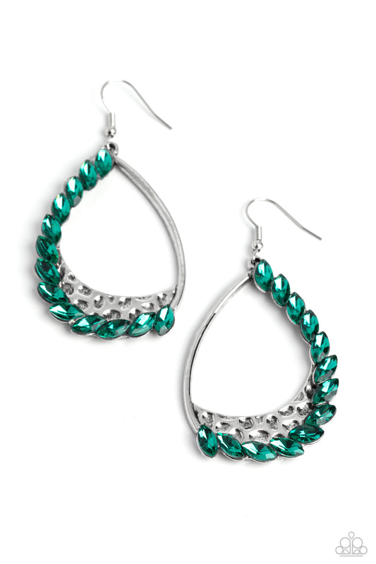 Paparazzi Accessories Looking Sharp - Green A sharp collection of reflective green marquise-cut gems embellish and curve up one side of a gritty teardrop frame, creating an edgy embellishment. Creating additional grit to the design, a thick inlay of hamme