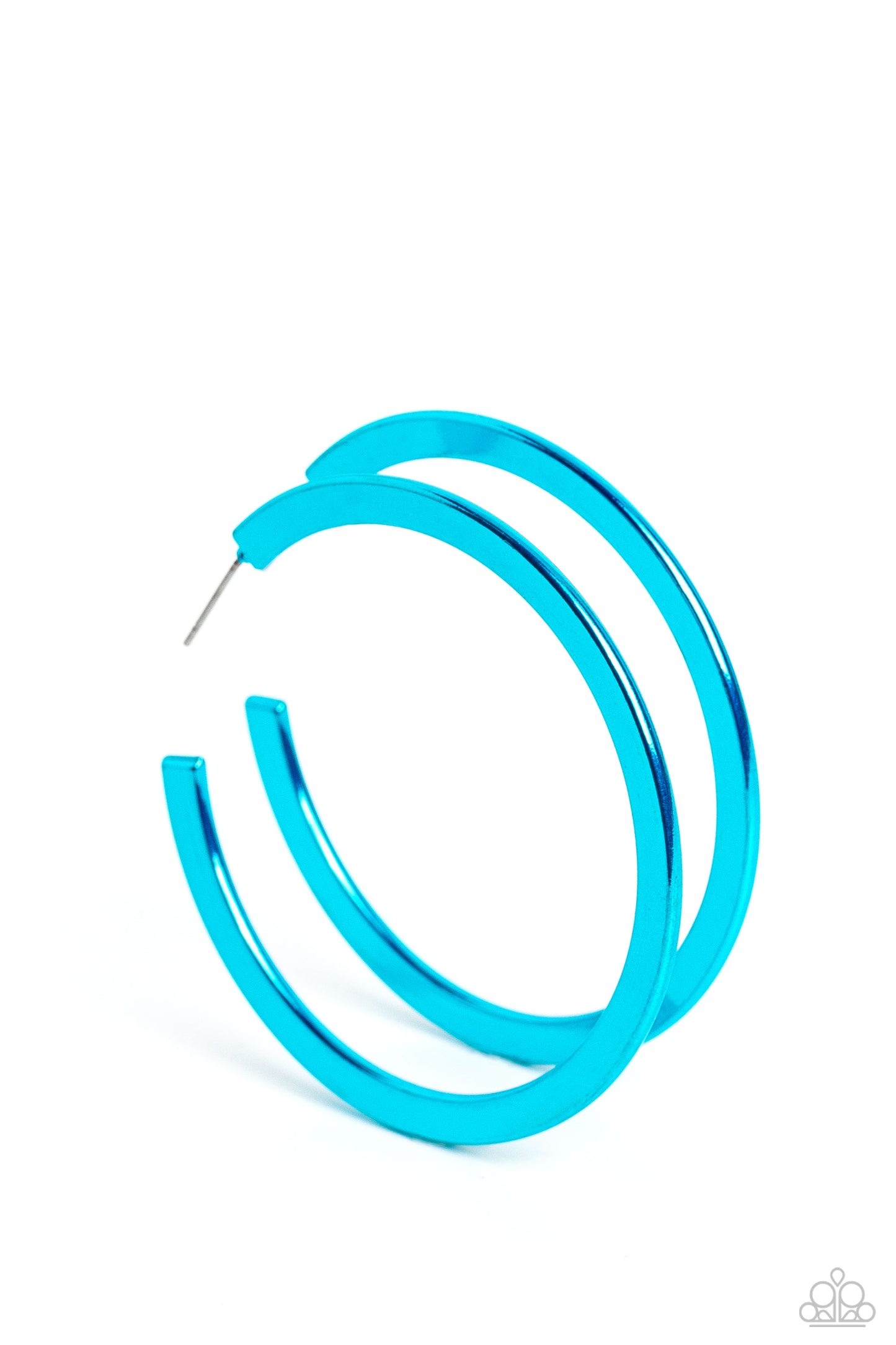 Paparazzi Accessories Pop HOOP - Blue A flat, vibrant blue bar curls around the ear, creating an off-the-chart shine. Earring attaches to a standard post fitting. Hoop measures 2 1/4” in diameter. Sold as one pair of hoop earrings. Jewelry
