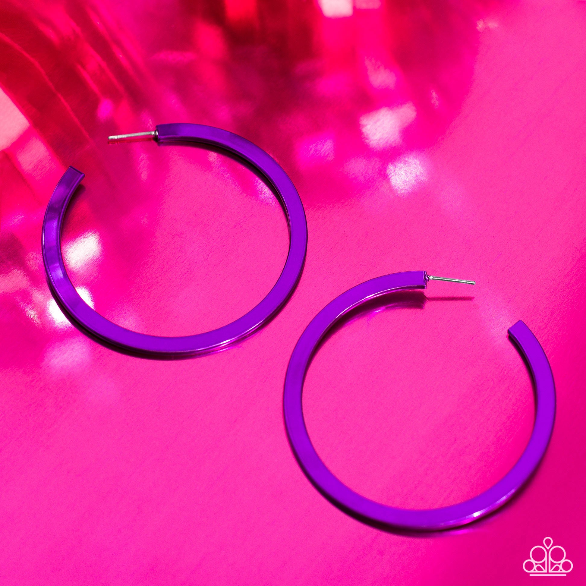 Paparazzi Accessories Pop HOOP - Purple A flat, vibrant purple bar curls around the ear, creating an off-the-chart shine. Earring attaches to a standard post fitting. Hoop measures 2 1/4” in diameter. Sold as one pair of hoop earrings. Jewelry