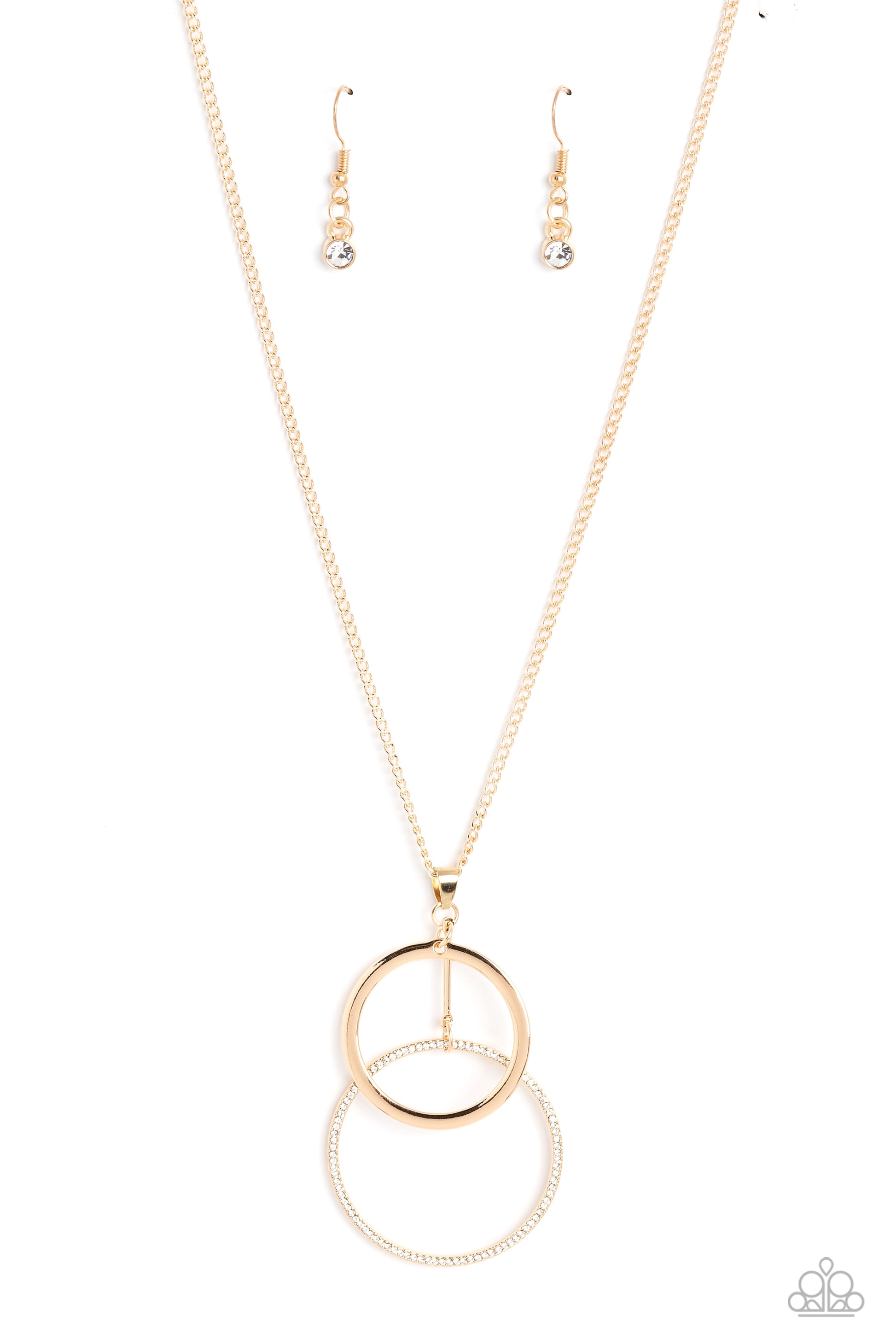 Paparazzi Accessories Wishing Well Whimsy - Gold Falling from a classic gold chain, a high-sheen gold ring is overlapped by a bigger gold ring embossed with dainty white rhinestones for a simple, scintillating statement. Features an adjustable clasp closu