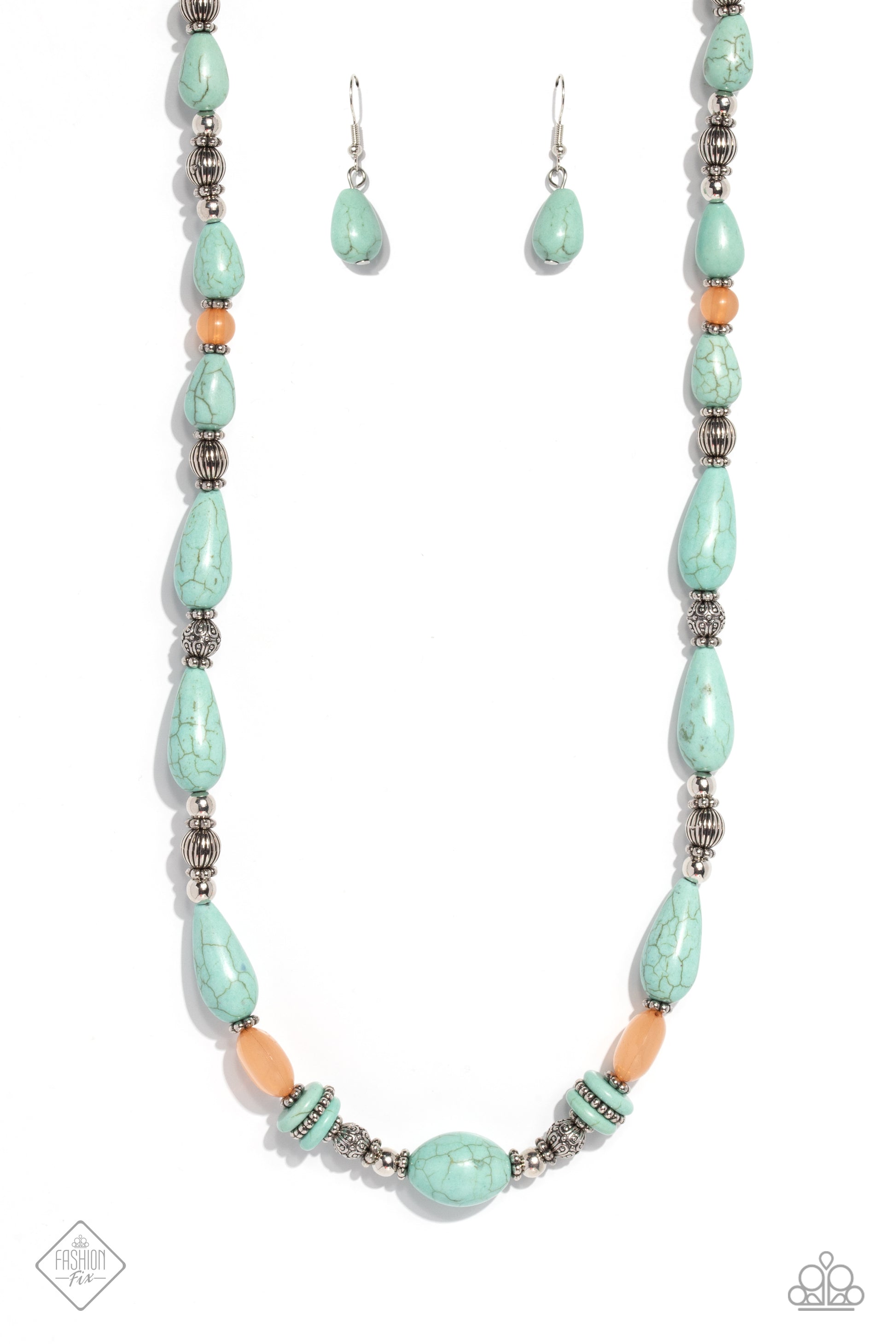 Paparazzi Accessories Nile River Redux - Blue Infused along an invisible wire, muted turquoise stones in various sizes, striped silver beads, textured silver beads, floral silver wheel beads, silver accents, and milky coral beads in varying sizes combine