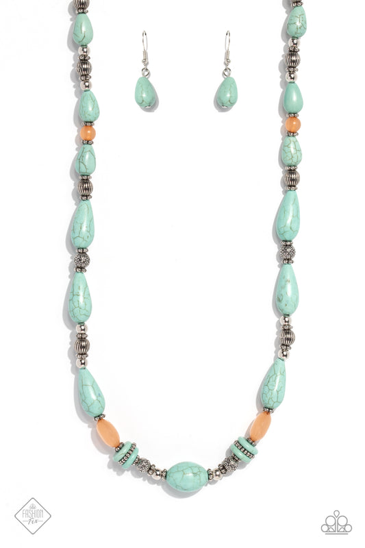Paparazzi Accessories Nile River Redux - Blue Infused along an invisible wire, muted turquoise stones in various sizes, striped silver beads, textured silver beads, floral silver wheel beads, silver accents, and milky coral beads in varying sizes combine