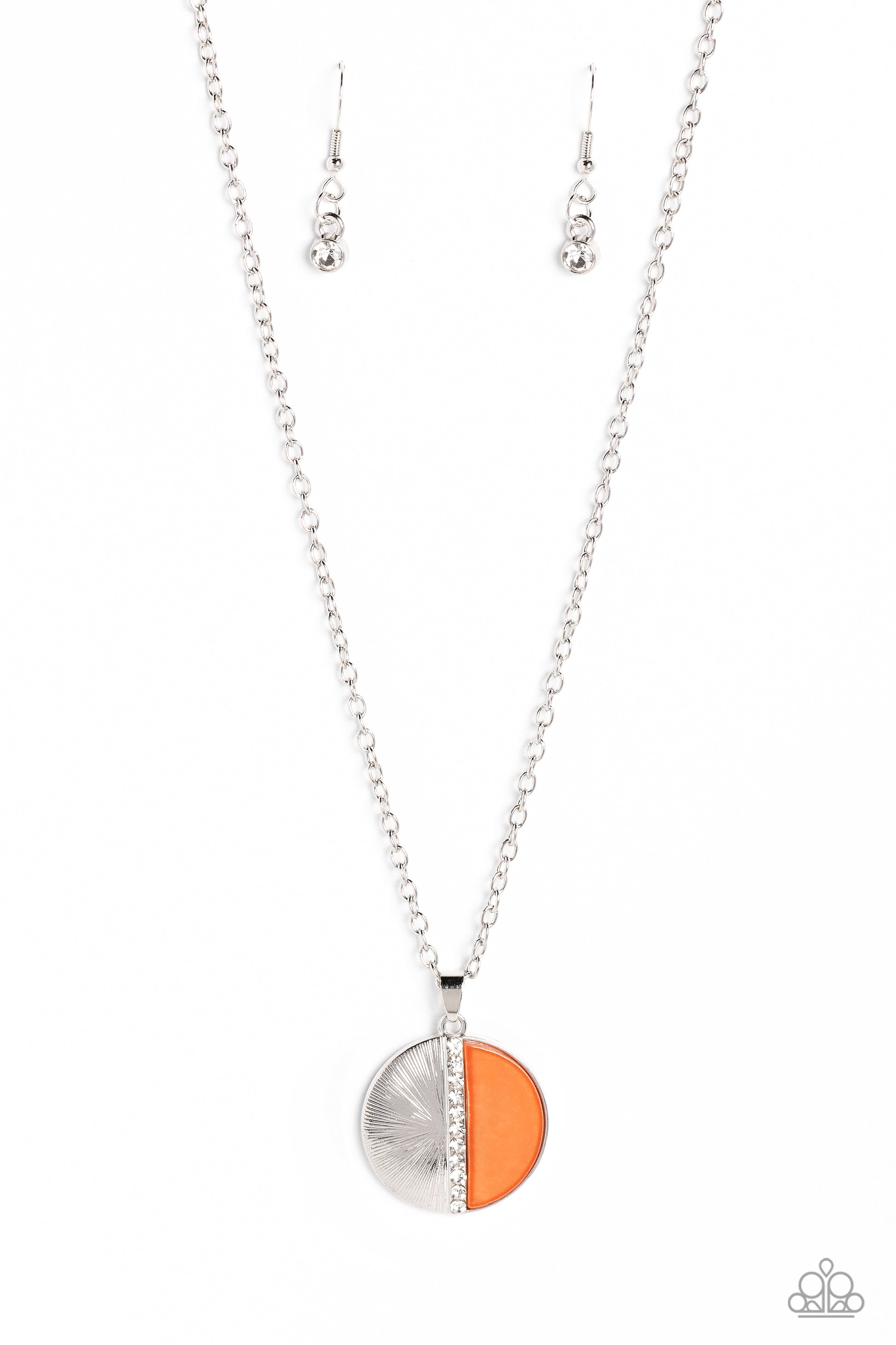 Paparazzi Accessories Captivating Contrast - Orange Embossed in radiant linear textures, a half-circle silver frame is nestled next to a half-circle coral shell for a colorful finish. White rhinestones dot down the center of the pendant for a spritz of gl