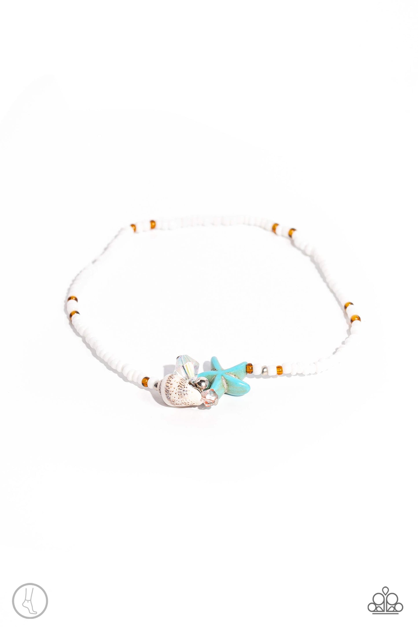 Paparazzi Accessories Shooting STARFISH - Multi Dainty white seed beads combine with glossy brown beads and silver accents to wrap around the ankle for a delicate beach statement. A blue starfish, a scotch bonnet seashell, and faceted clear and red beads