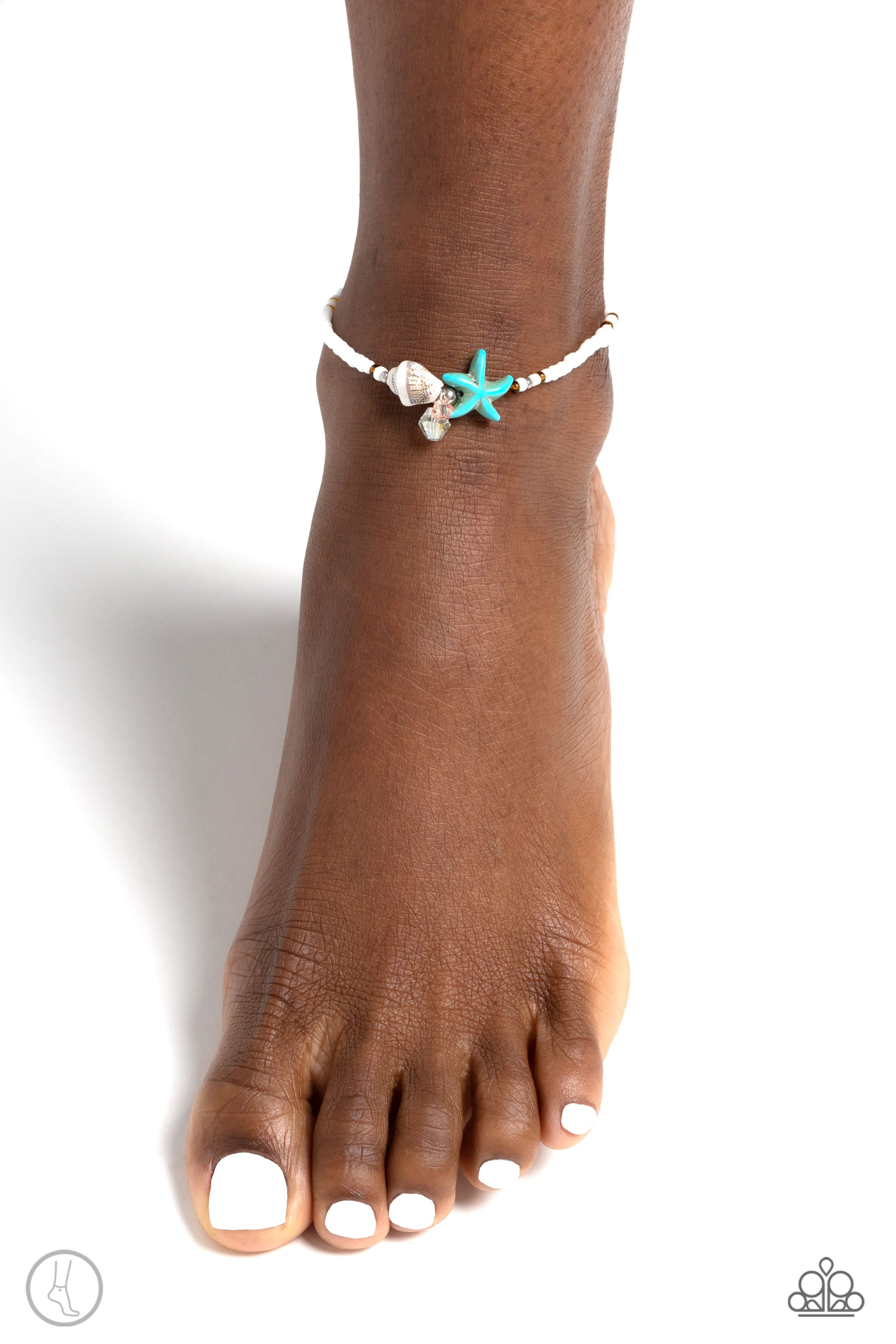 Paparazzi Accessories Shooting STARFISH - Multi Dainty white seed beads combine with glossy brown beads and silver accents to wrap around the ankle for a delicate beach statement. A blue starfish, a scotch bonnet seashell, and faceted clear and red beads