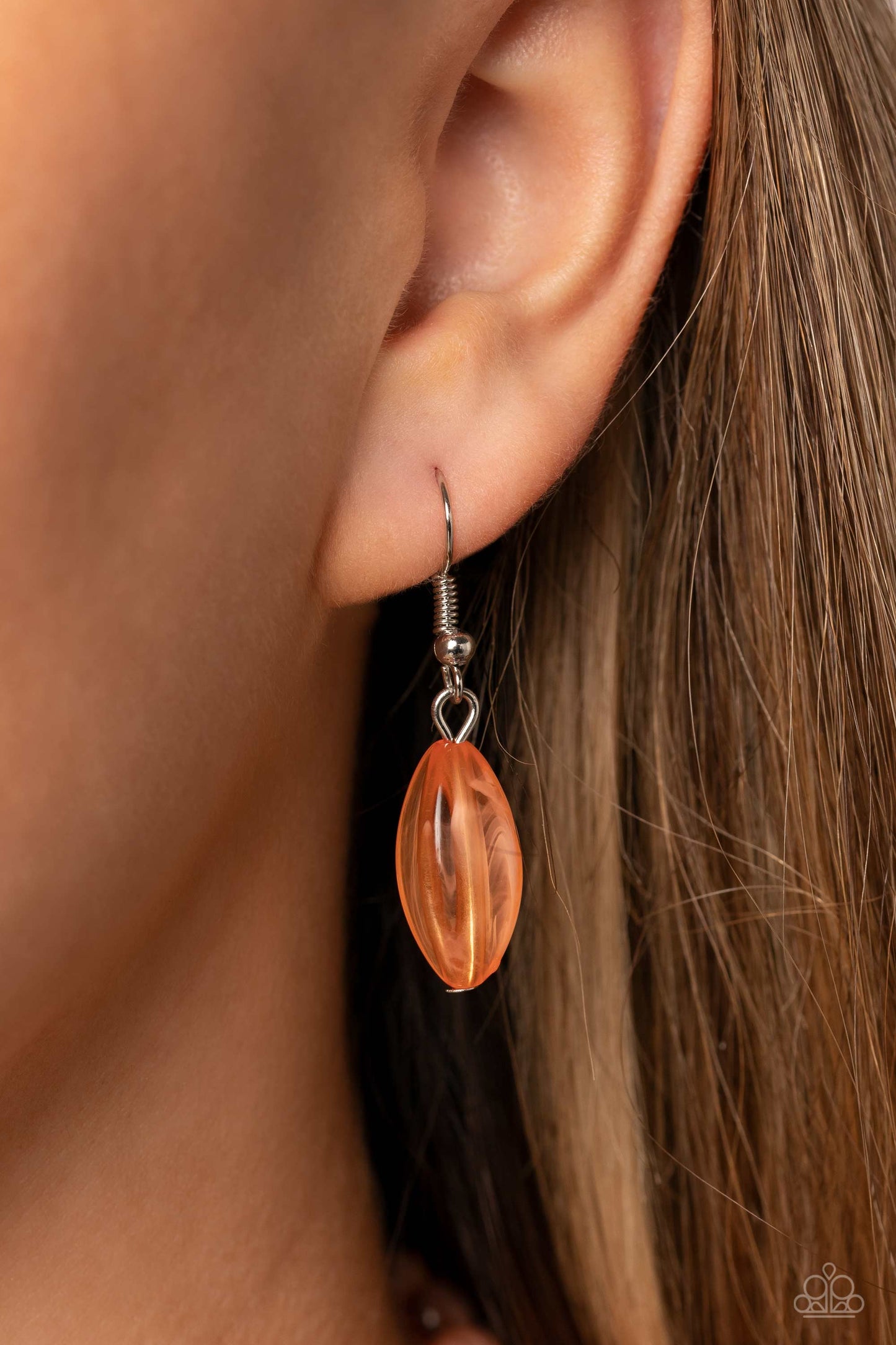 Paparazzi Accessories Layered Lass - Orange Varying in shape and color, a collection of milky round and oval Peach Pink beads are threaded along invisible wires below the collar. Shiny silver cube beads are sprinkled throughout the strands, adding hints o