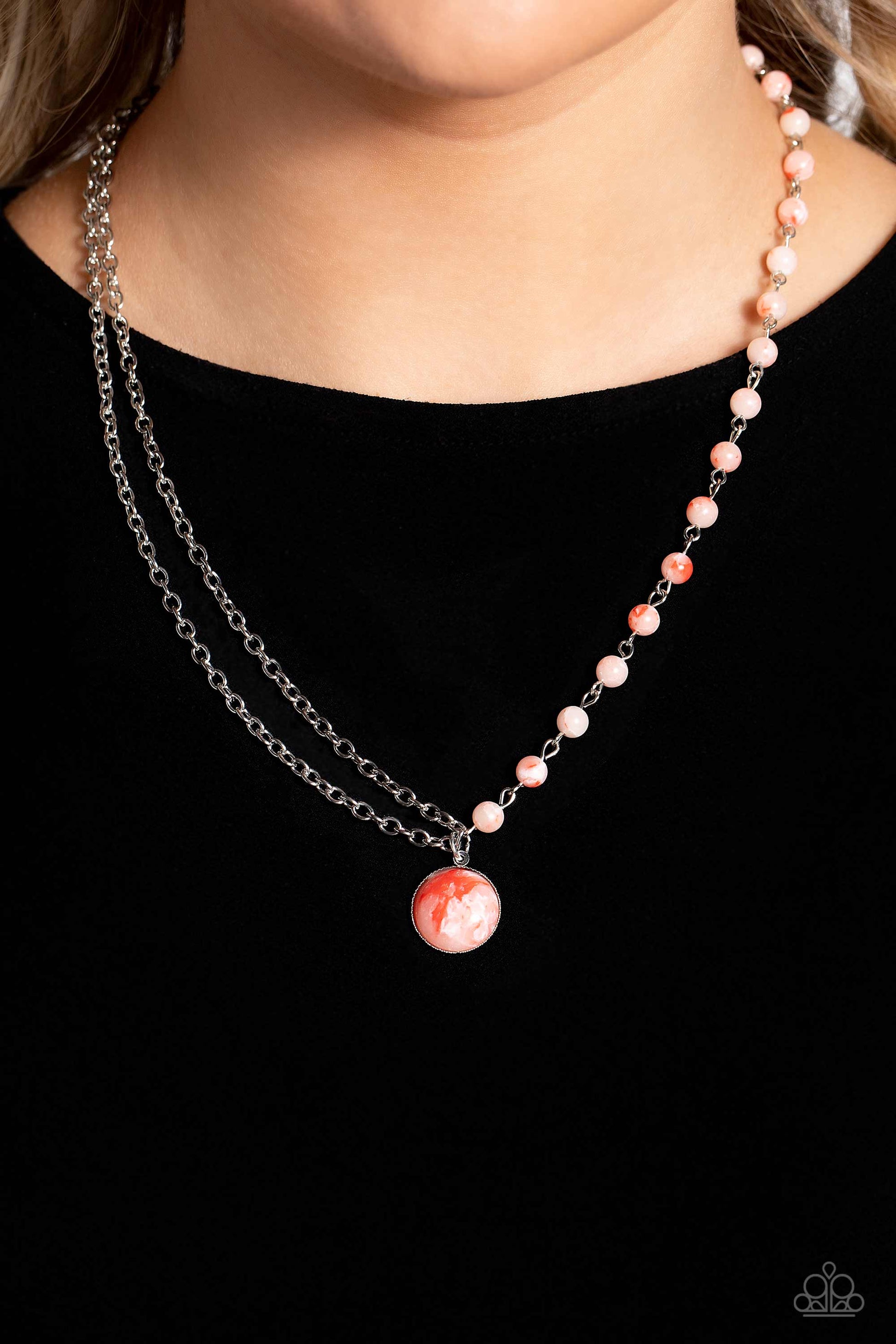 Paparazzi Accessories Local Legend - Orange Dangling from a classic silver chain, an orange stone, spotted with multicolored specks rests below the collar. A silver chain, infused with stony beads in the same orange, spotted hue adds further earthiness to