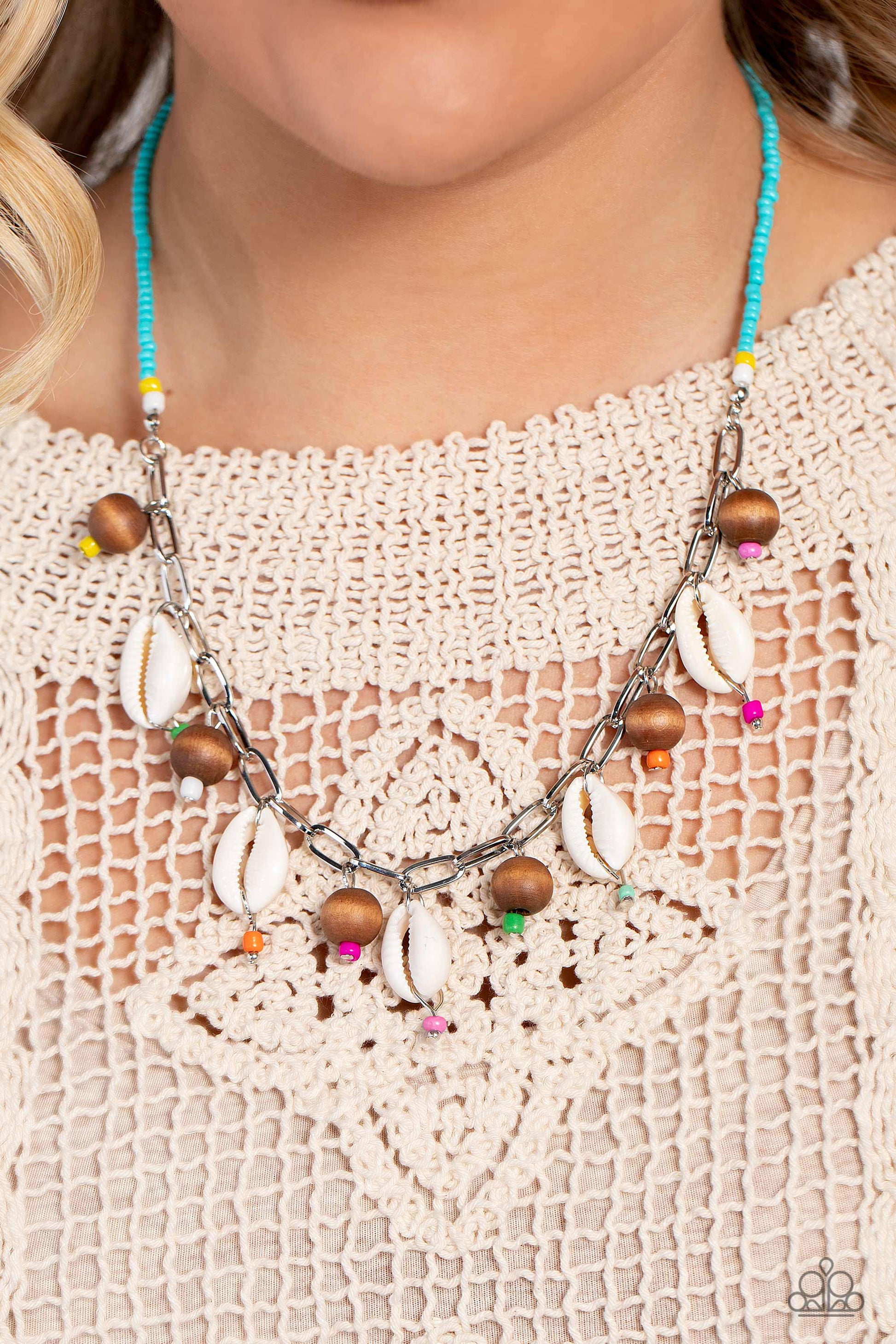 Paparazzi Accessories BEACH for the Sun - Blue Vibrant blue, white, and yellow seed beads connect to a silver link chain. Dangling along the silver links, wooden beads and cowrie shells alternate for a beach-inspired statement. Colorful seed beads dangle