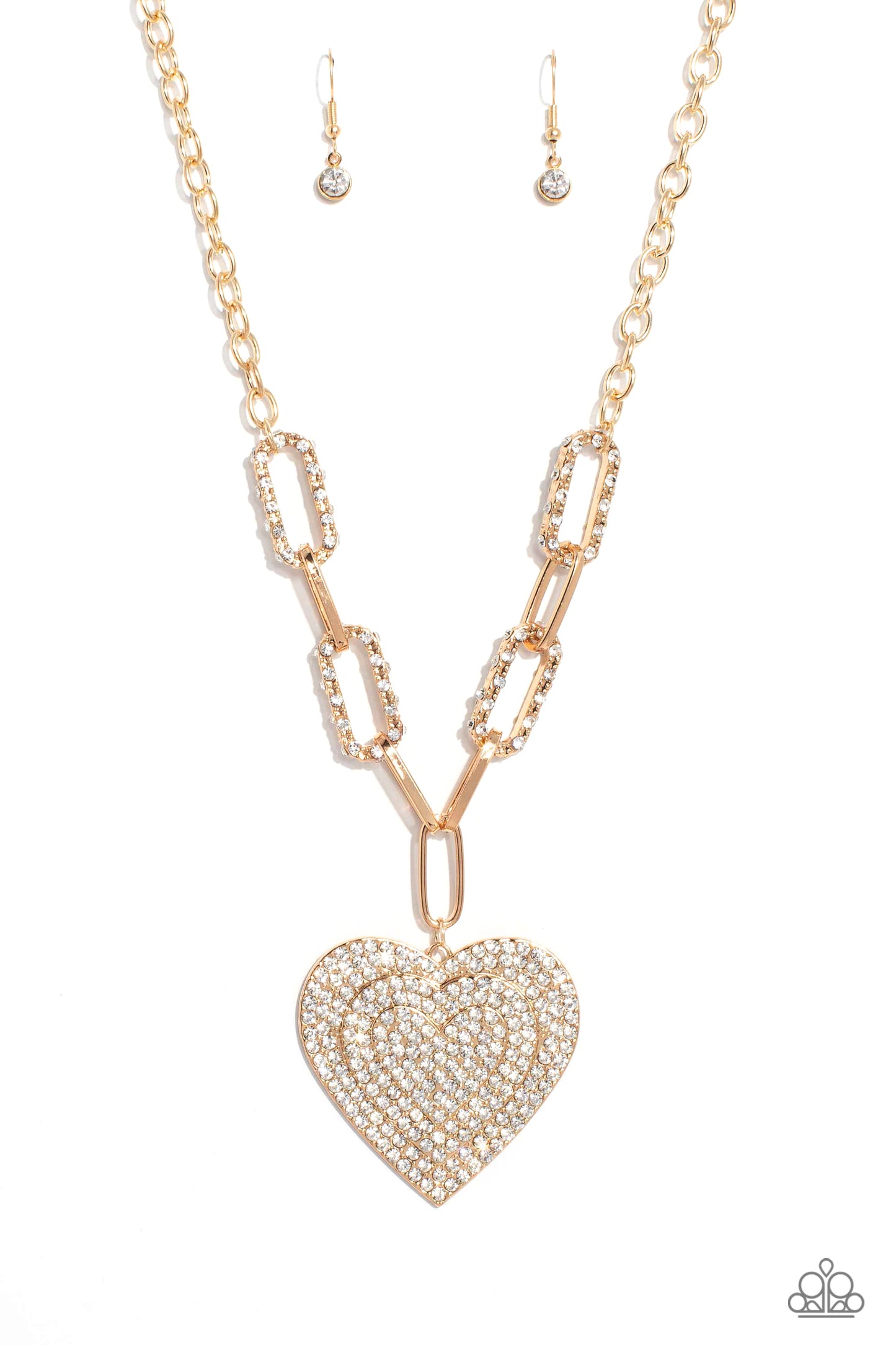 Paparazzi Accessories Roadside Romance - Gold Elongated, oversized gold links, encrusted with a blinding display of white rhinestones and shimmery gold accents connect a classic gold chain to an exaggerated gold heart pendant for a romantically refined fi