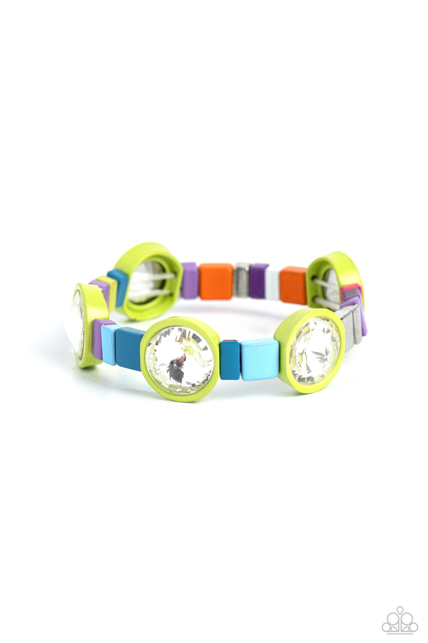 Paparazzi Accessories Multicolored Madness - Green Strung along elastic stretchy bands, a bodacious collection of silver accents, and varying metallic accents dipped in colorful shades encircle the wrist. Sporadically infused between the colorful display,